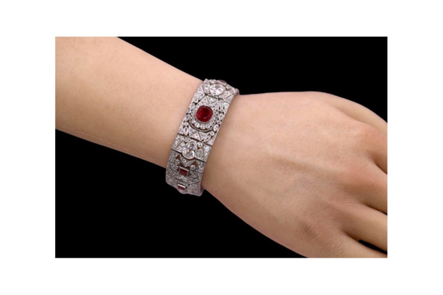 Platinum Artdeco Bracelet 9.72ct Rubies & 13.69ct Diamonds Estate Sultan Oman For Sale 4