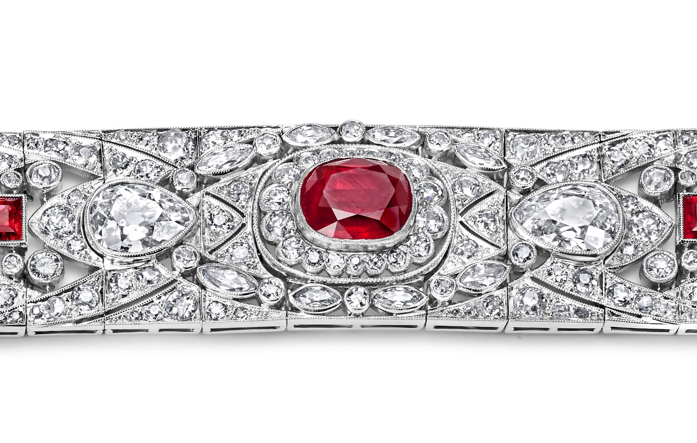 Art Deco Platinum Artdeco Bracelet 9.72ct Rubies & 13.69ct Diamonds Estate Sultan Oman For Sale