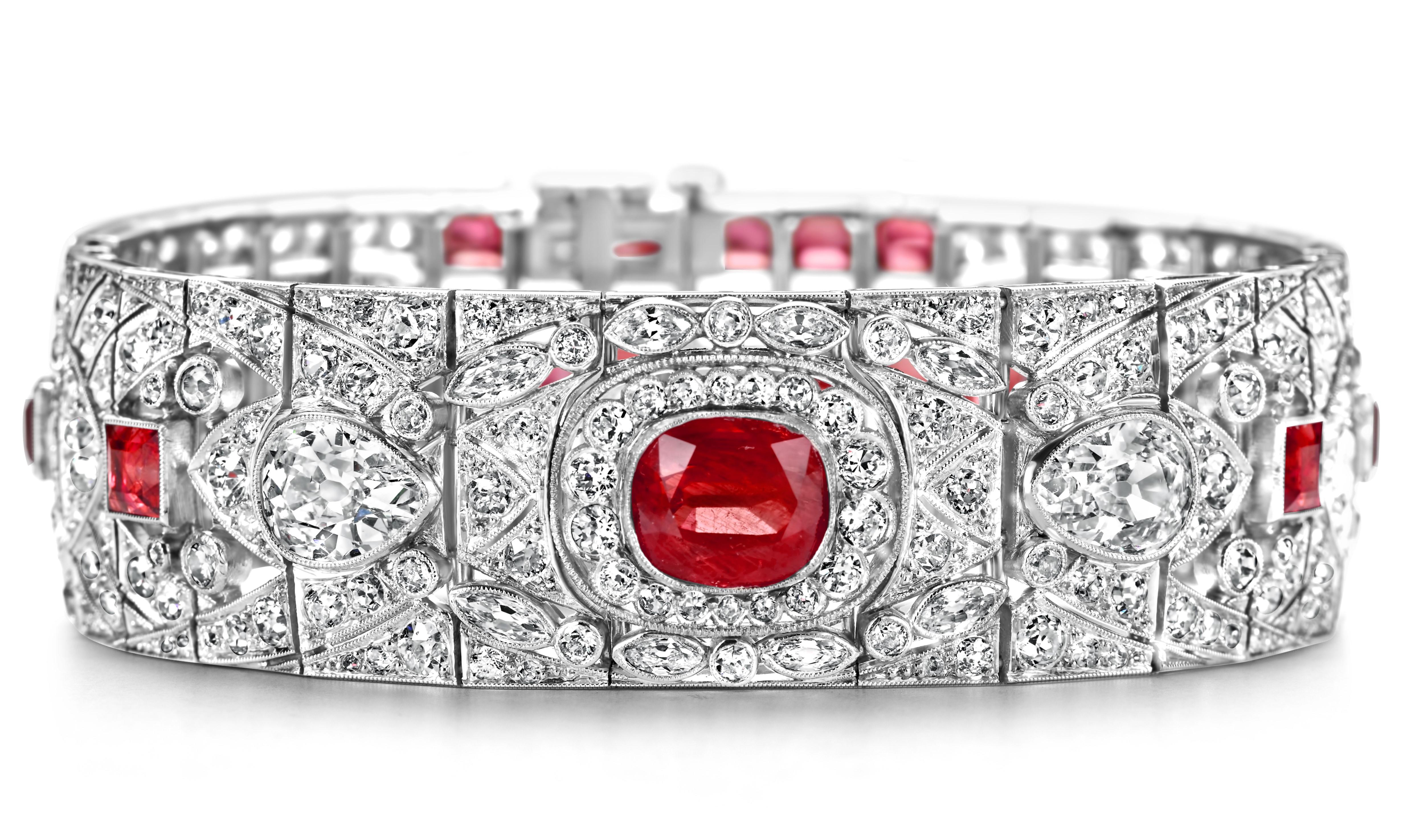 Platinum Artdeco Bracelet 9.72ct Rubies & 13.69ct Diamonds Estate Sultan Oman For Sale 2