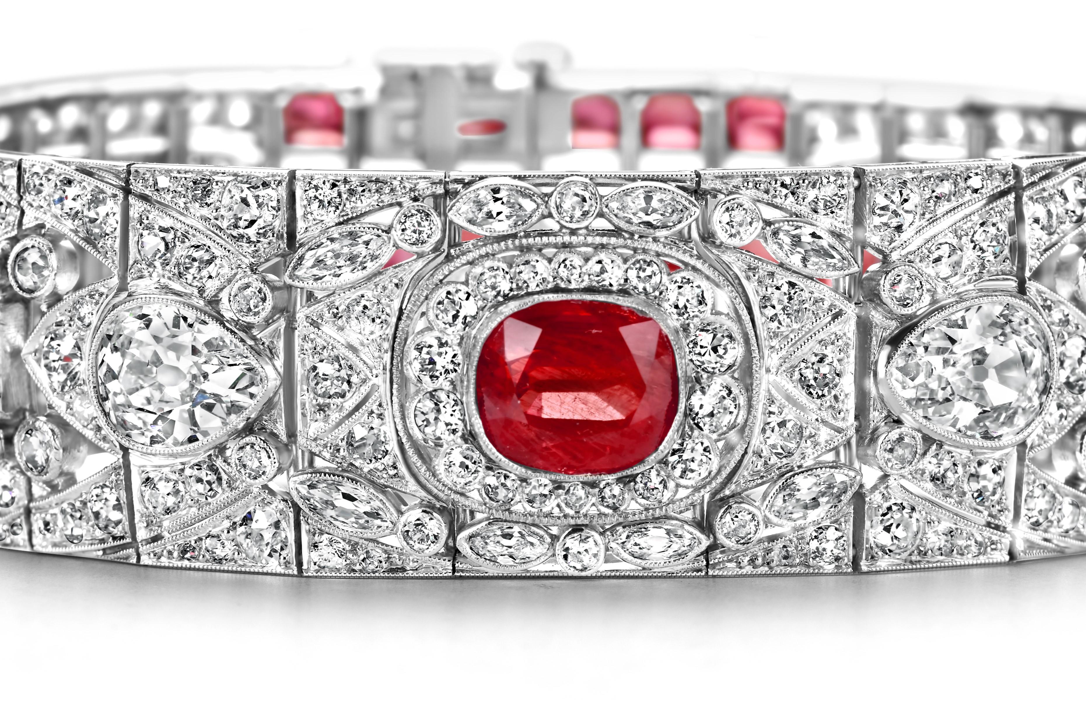 Platinum Artdeco Bracelet 9.72ct Rubies & 13.69ct Diamonds Estate Sultan Oman For Sale 3
