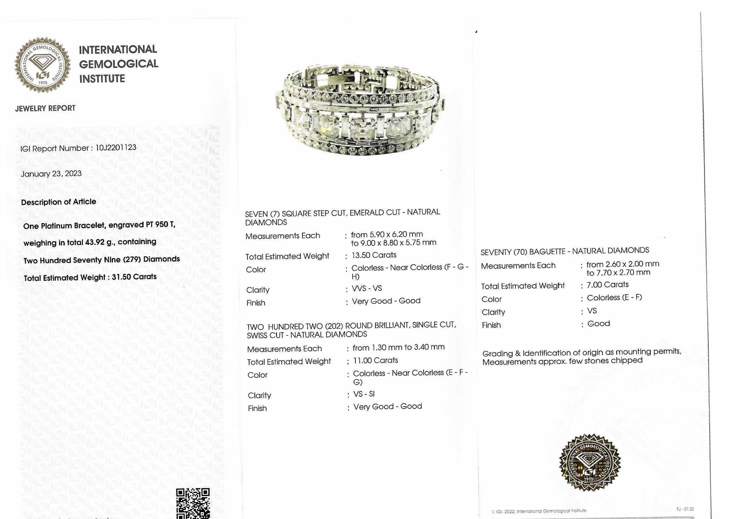 IGI Platinum Ascher Cut 31.5 ct Diamonds Cuff Bracelet to H.M.Qaboos Bin Said For Sale 1