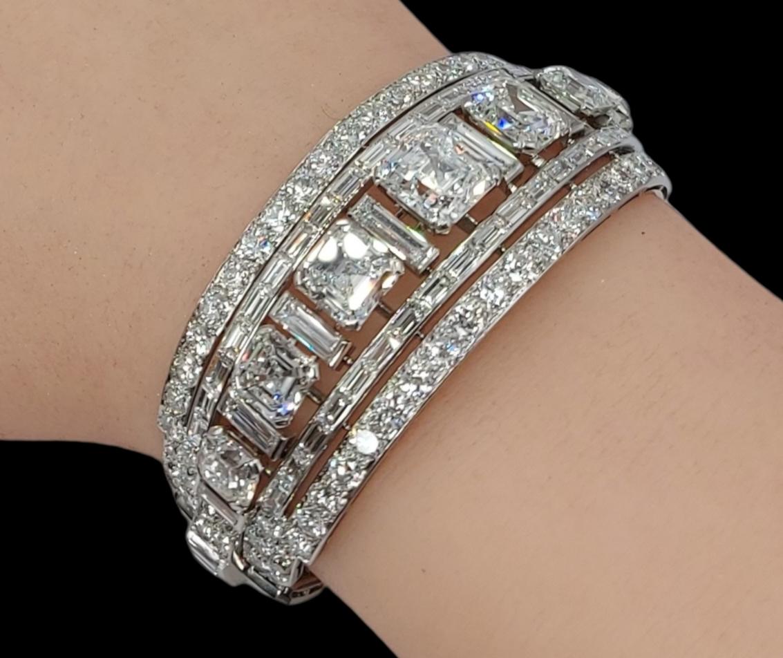 Women's or Men's IGI Platinum Ascher Cut 31.5 ct Diamonds Cuff Bracelet to H.M.Qaboos Bin Said For Sale