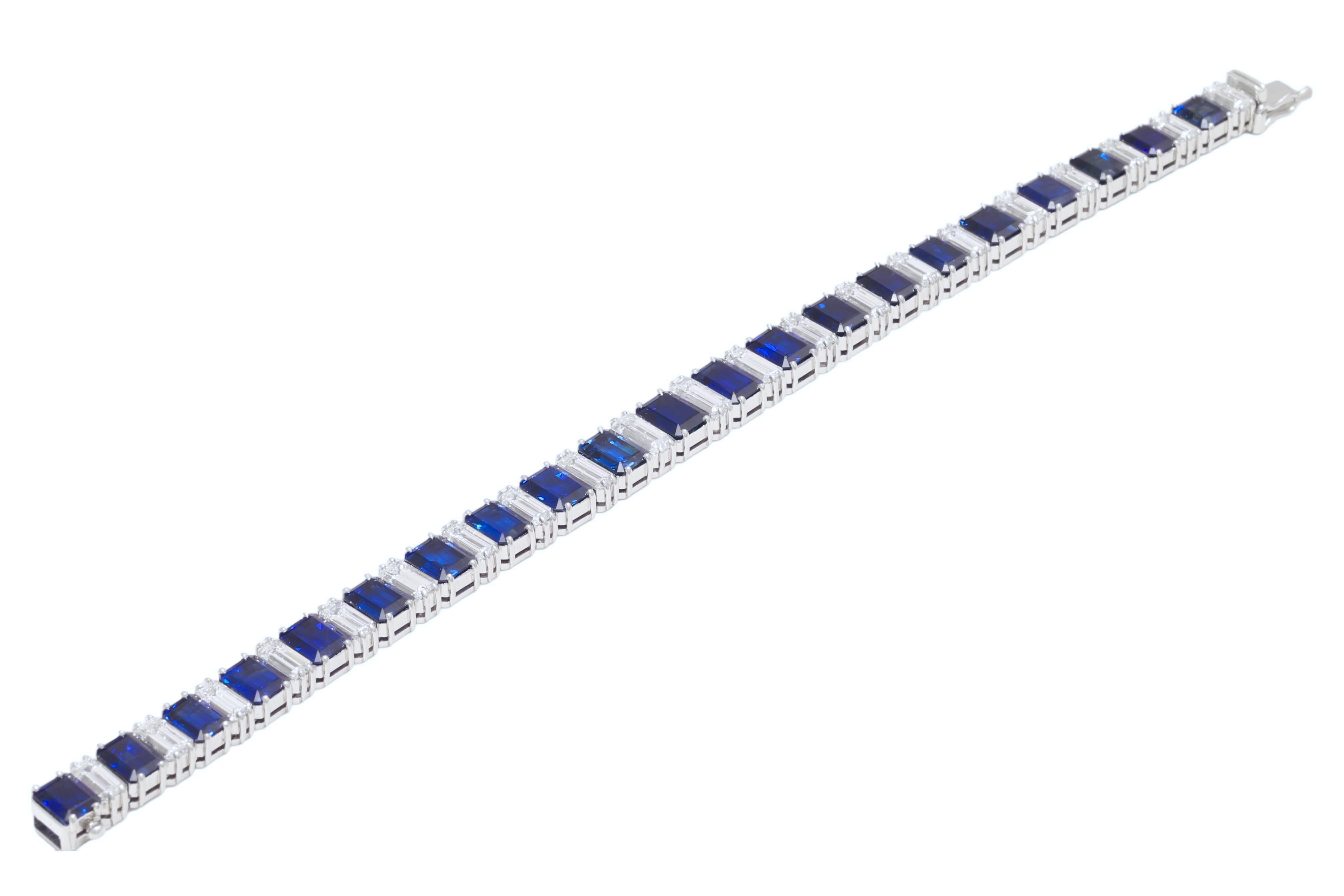 Platinum Asprey & Co 23 Carat Sapphire and Diamond Bracelet to His Majesty Qaboos Bin Said

Diamonds: Baguette cut diamonds together approx. 9.6 ct. diamonds 

Sapphires: Octagonal shape Intense & Royal Blue Siam Sapphires together 23.5 ct. 

Comes