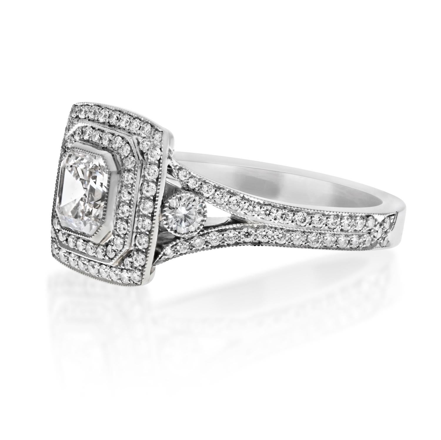 Modern Platinum Asscher Cut Diamond Double Pave Halo And Split Shank Ring For Sale