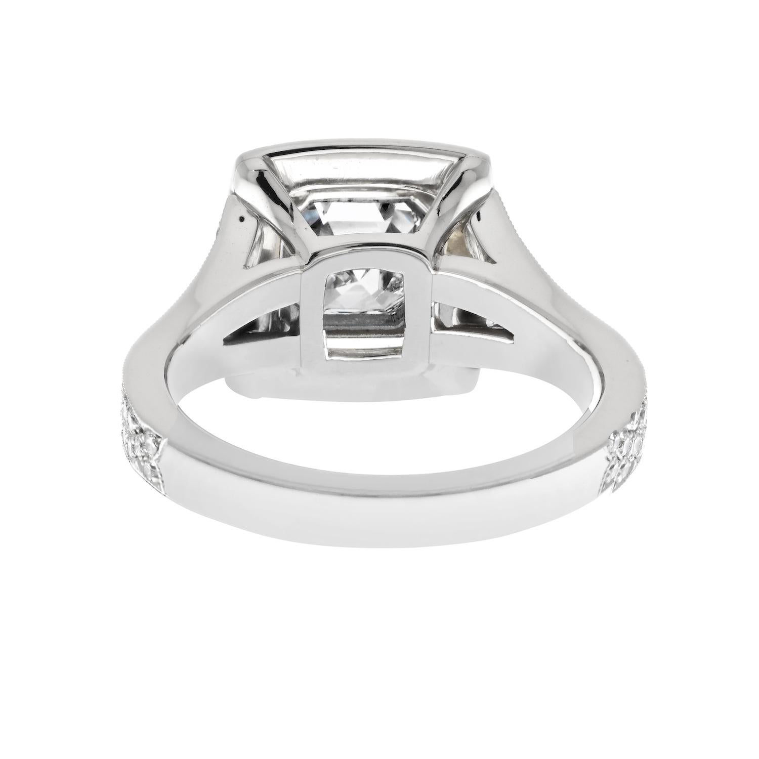 Women's Platinum Asscher Cut Diamond Double Pave Halo And Split Shank Ring For Sale