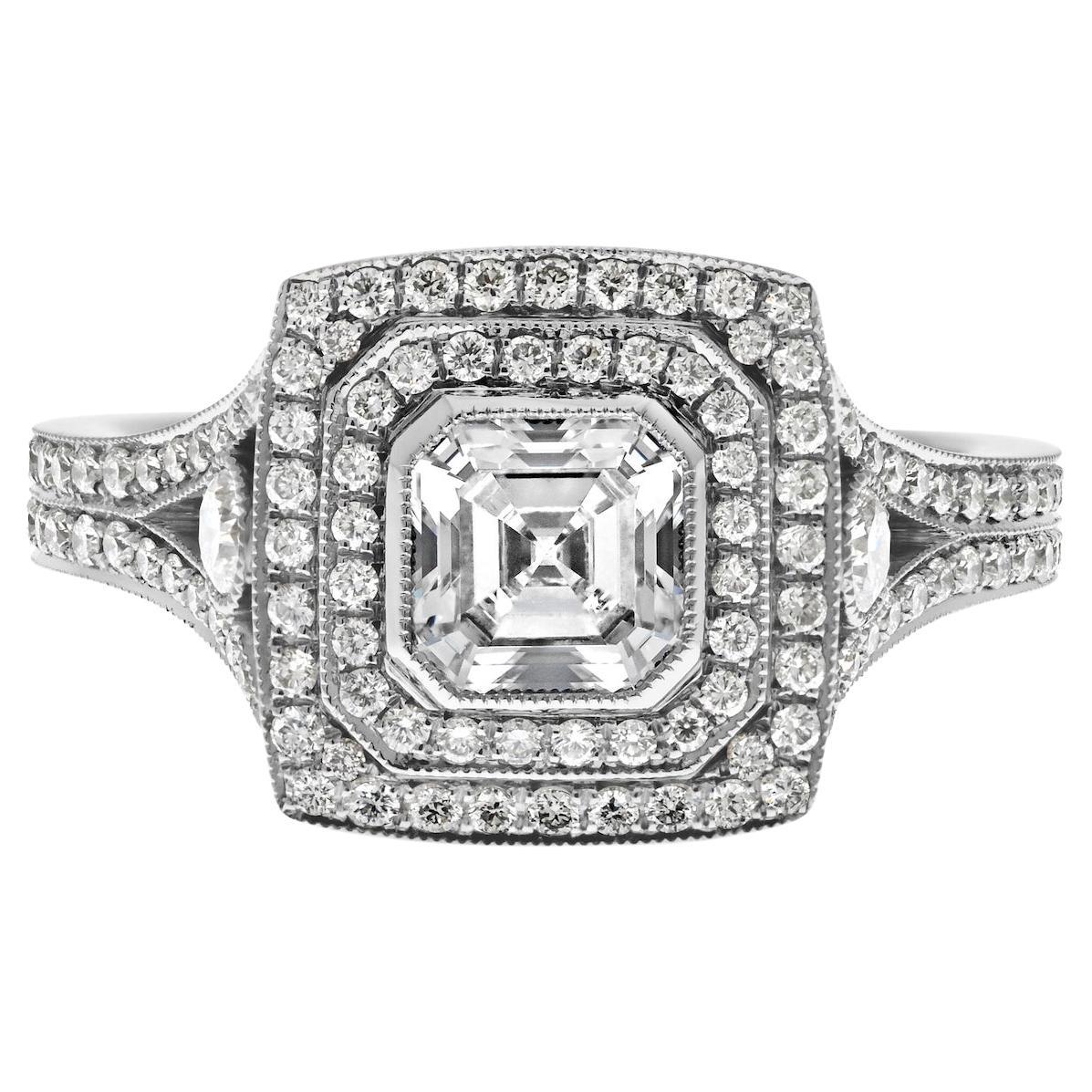 Platinum Asscher Cut Diamond Double Pave Halo And Split Shank Ring For Sale