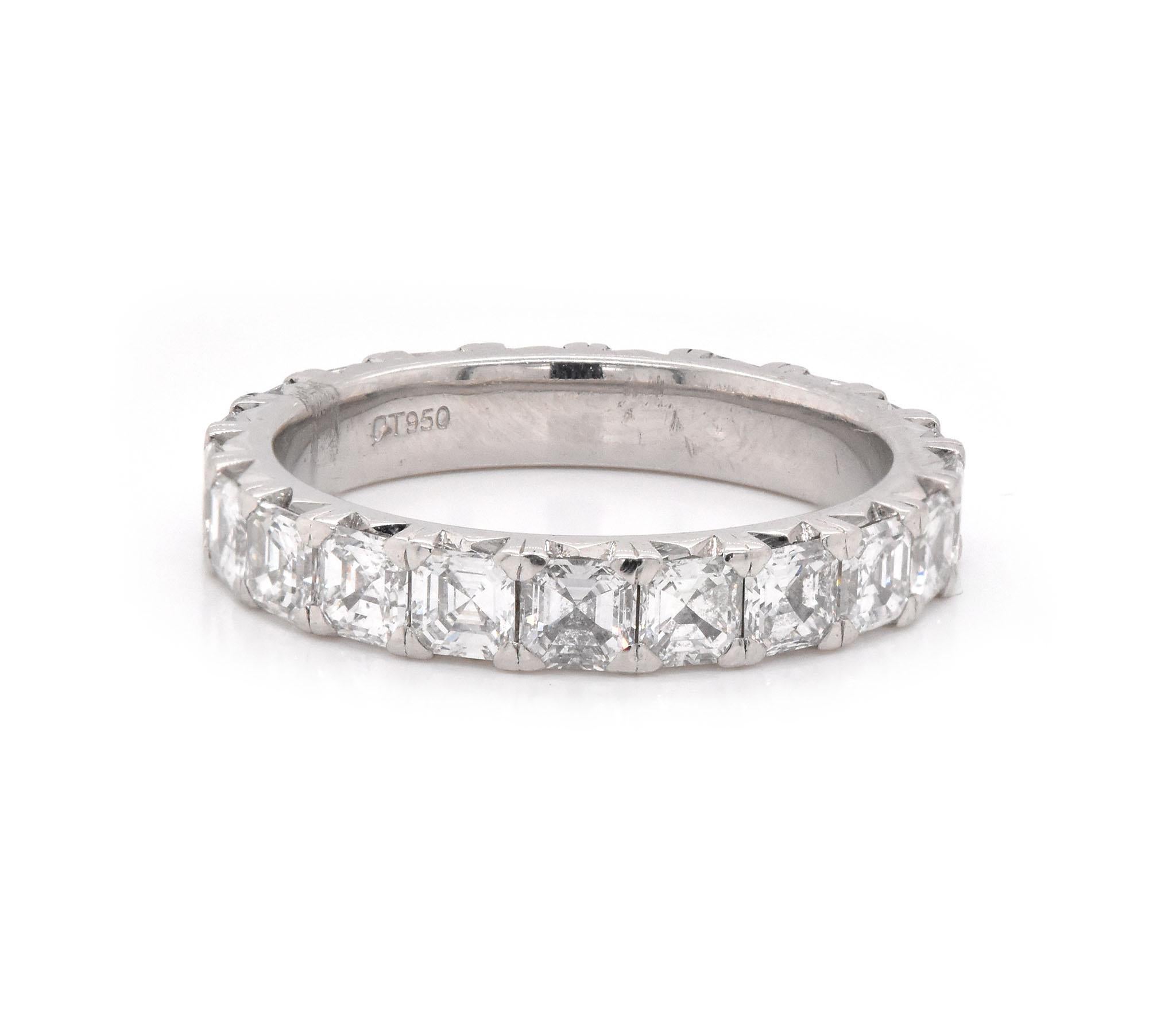 Designer: Custom
Material: platinum 
Diamonds: 21 asscher cut = 3.00cttw 
Color: G
Clarity: VS1-2
Size: 7
Dimensions: ring measures 3.5mm in width
Weight: 5.13 grams