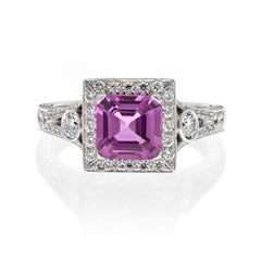 Platinum Asscher Cut Pink Sapphire 1.53ct Halo Engagement Ring