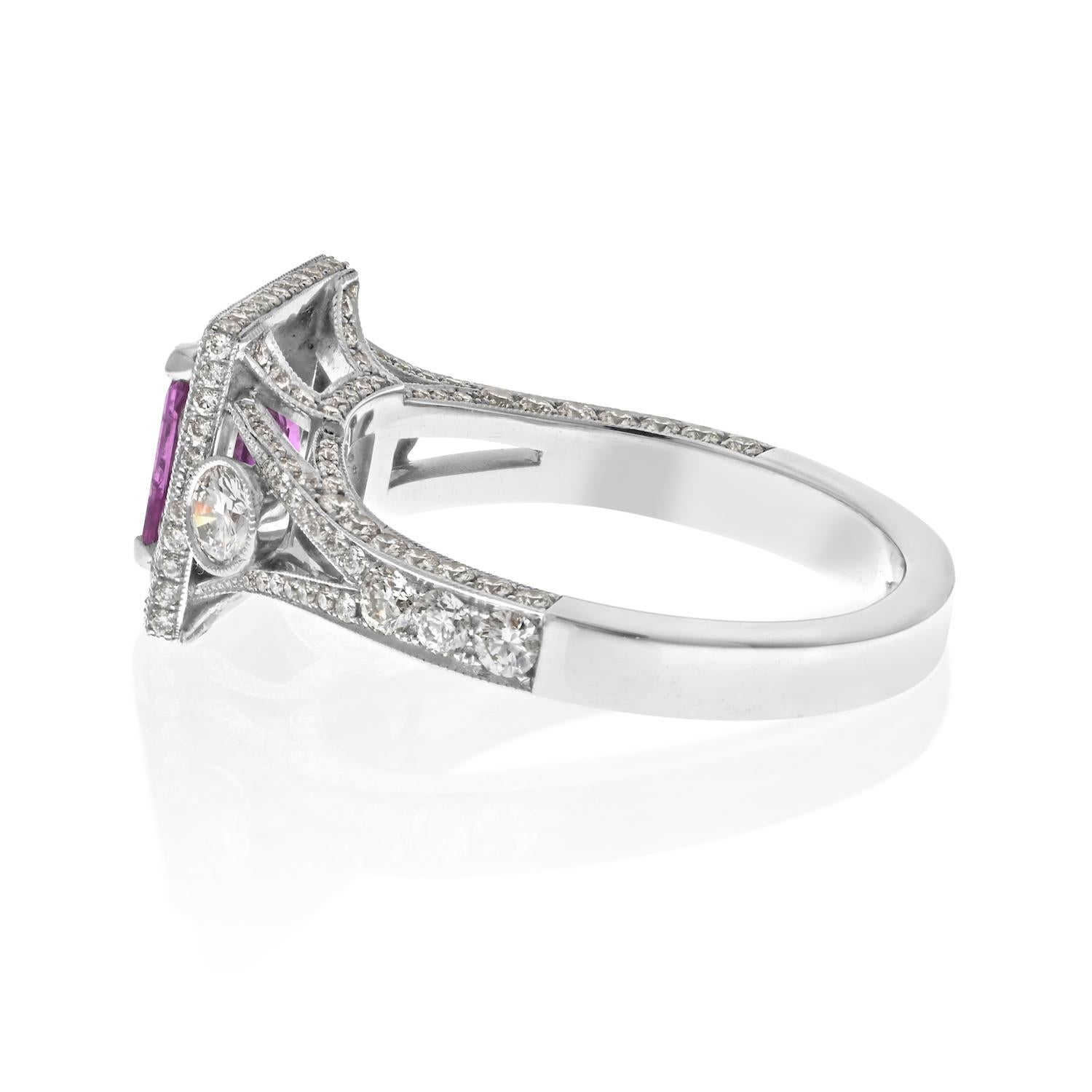 Modern Platinum Asscher Cut Pink Sapphire 1.53ct Halo Engagement Ring For Sale