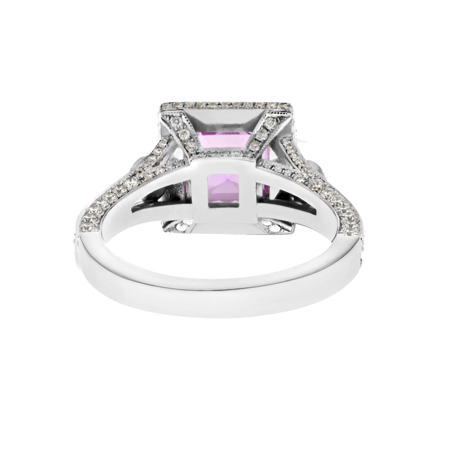 Platinum Asscher Cut Pink Sapphire 1.53ct Halo Engagement Ring In New Condition For Sale In New York, NY
