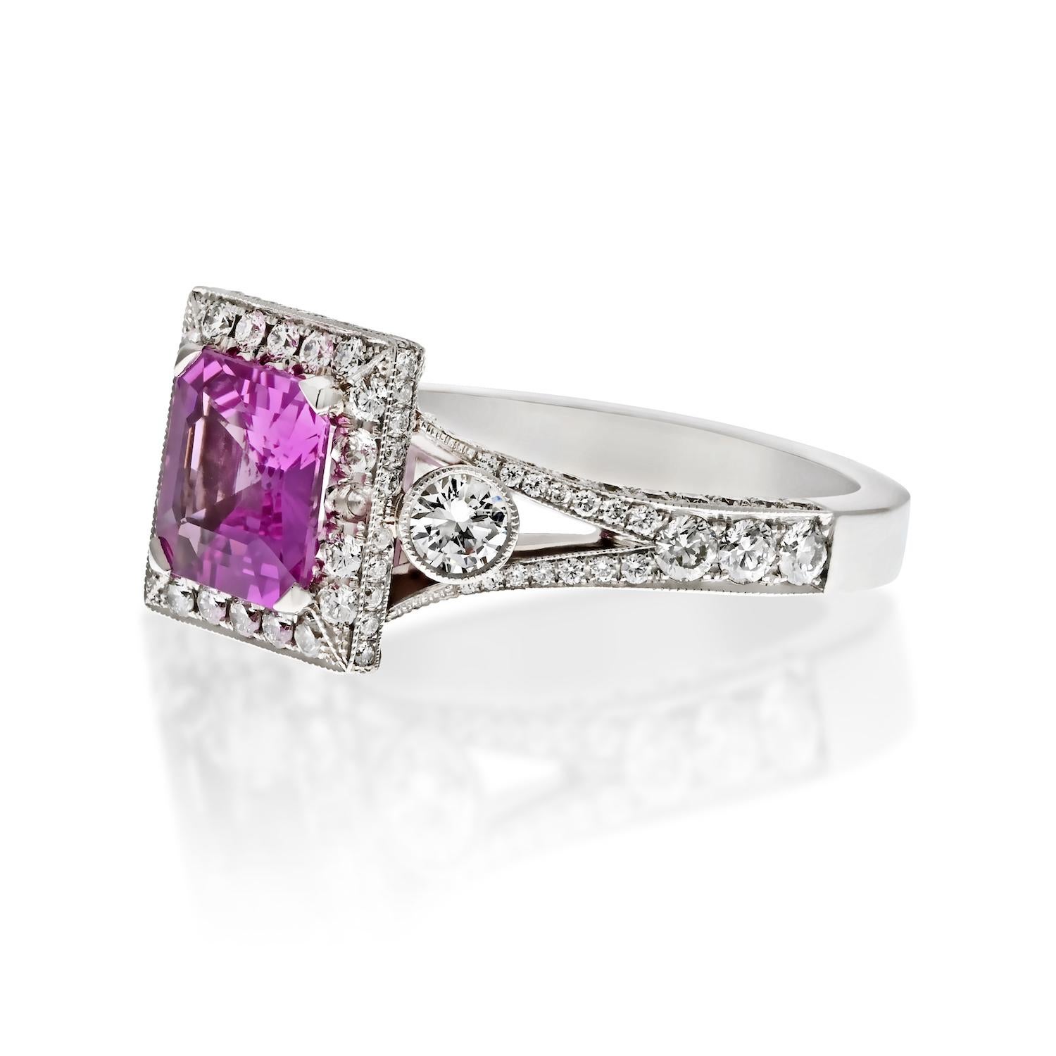 Women's Platinum Asscher Cut Pink Sapphire 1.53ct Halo Engagement Ring For Sale