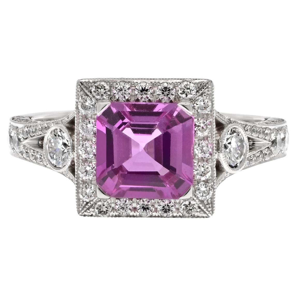 Platinum Asscher Cut Pink Sapphire 1.53ct Halo Engagement Ring For Sale