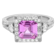 Platinum Asscher Cut Pink Sapphire Diamond Halo Engagement Ring 1.53ct