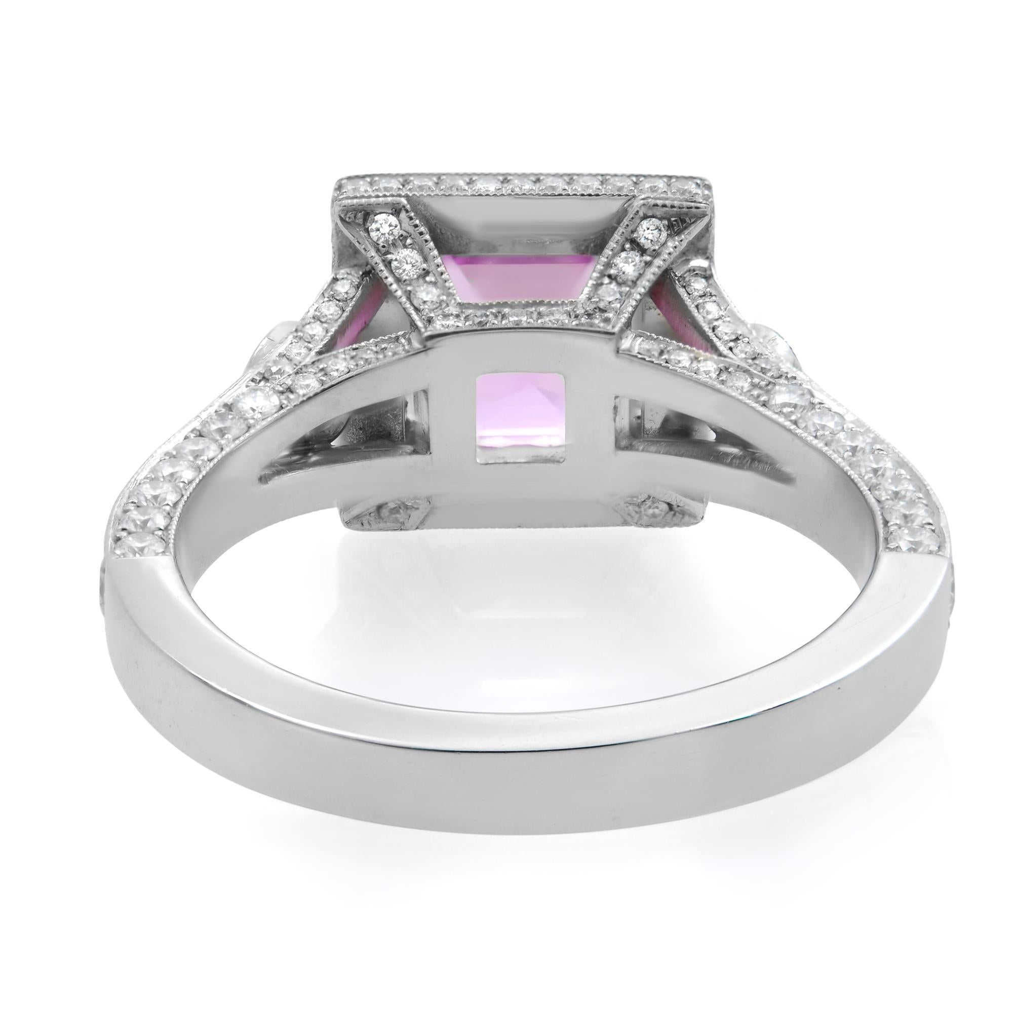 Modern Platinum Asscher Cut Pink Sapphire Diamond Halo Engagement Ring 1.53ct For Sale