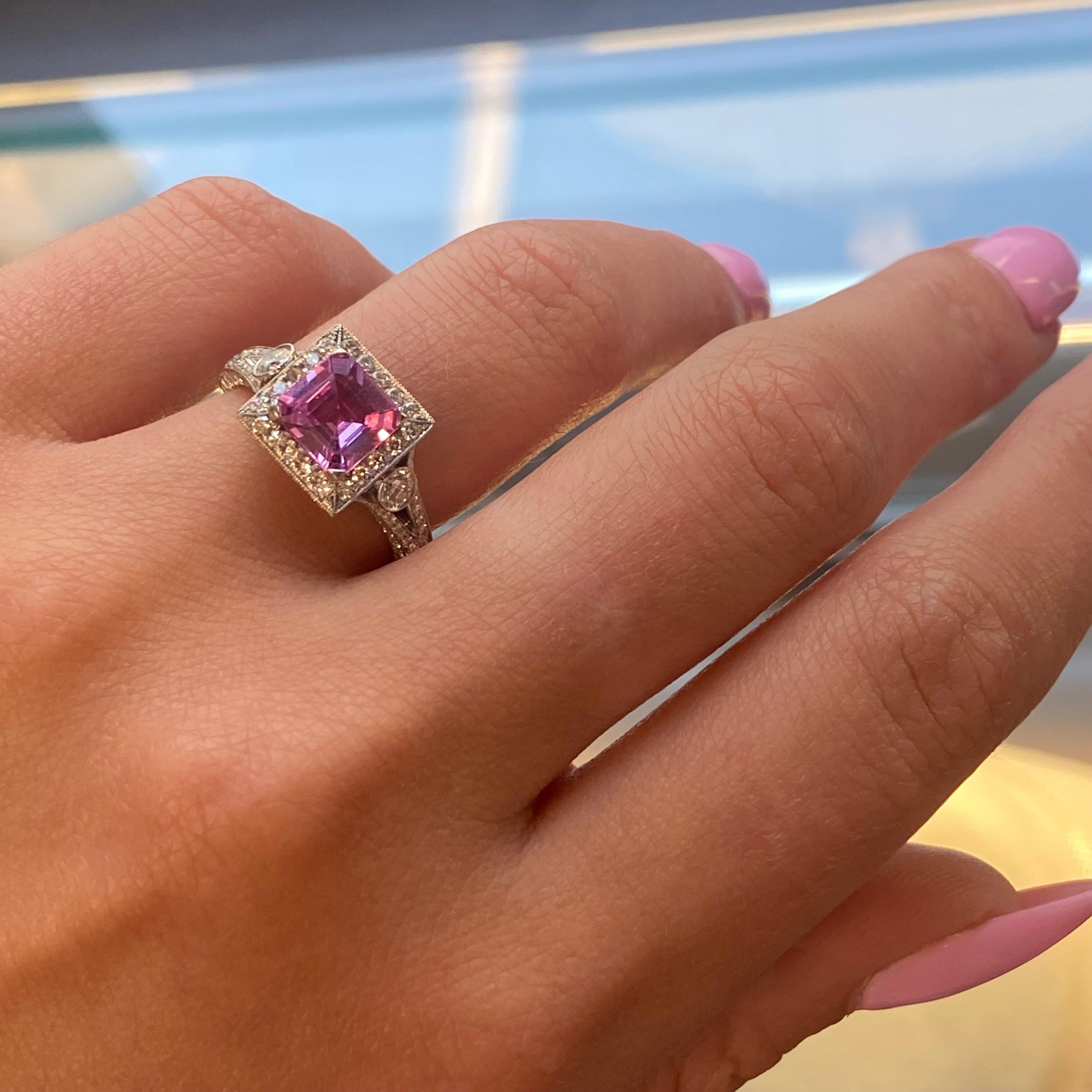 Platinum Asscher Cut Pink Sapphire Diamond Halo Engagement Ring 1.53ct In New Condition For Sale In New York, NY