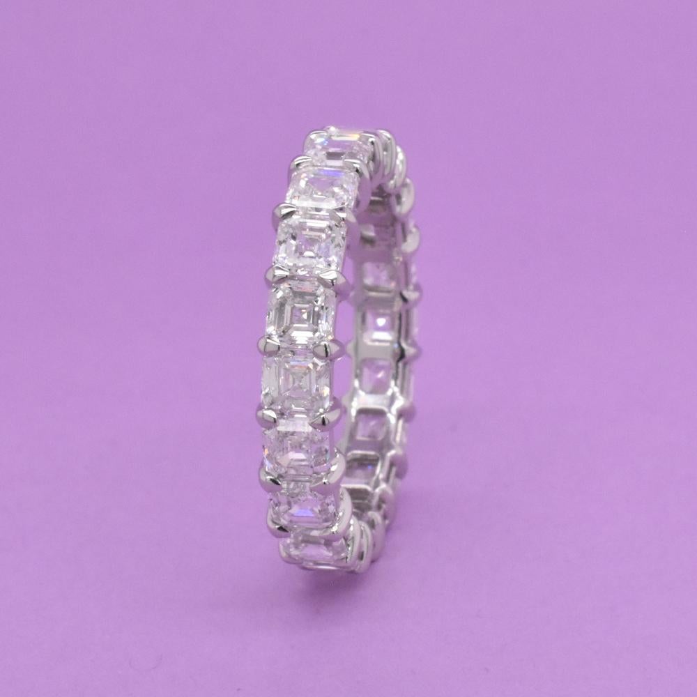 Women's or Men's Platinum Asscher Eternity Band, 4.35 total carat For Sale