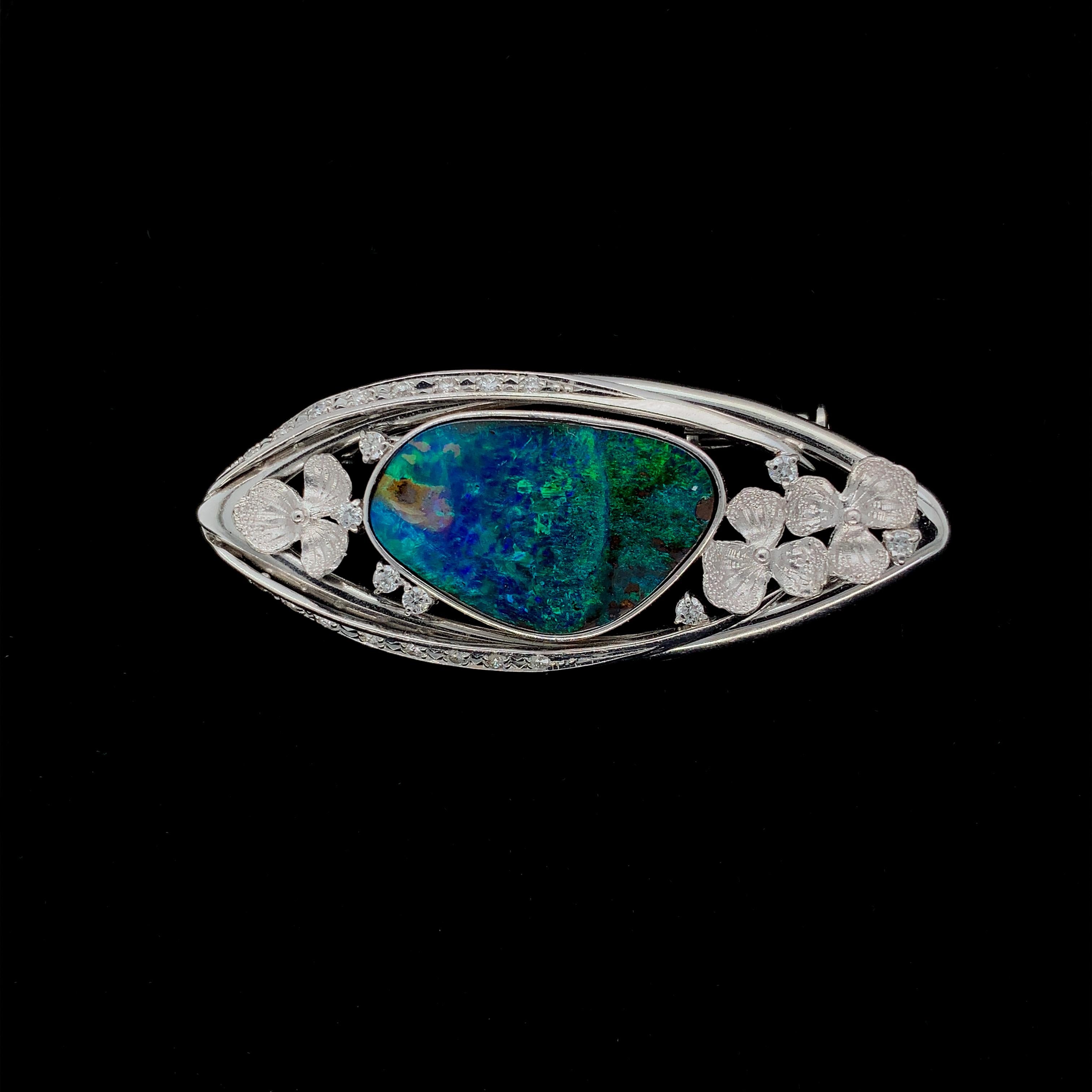 Platinum Australian Black Boulder Opal and Diamond Pin Pendant Flowers In New Condition For Sale In Big Bend, WI