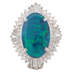 Platinum Australian Black Opal with Diamond Halo Statement Ring Blue Green V1213
