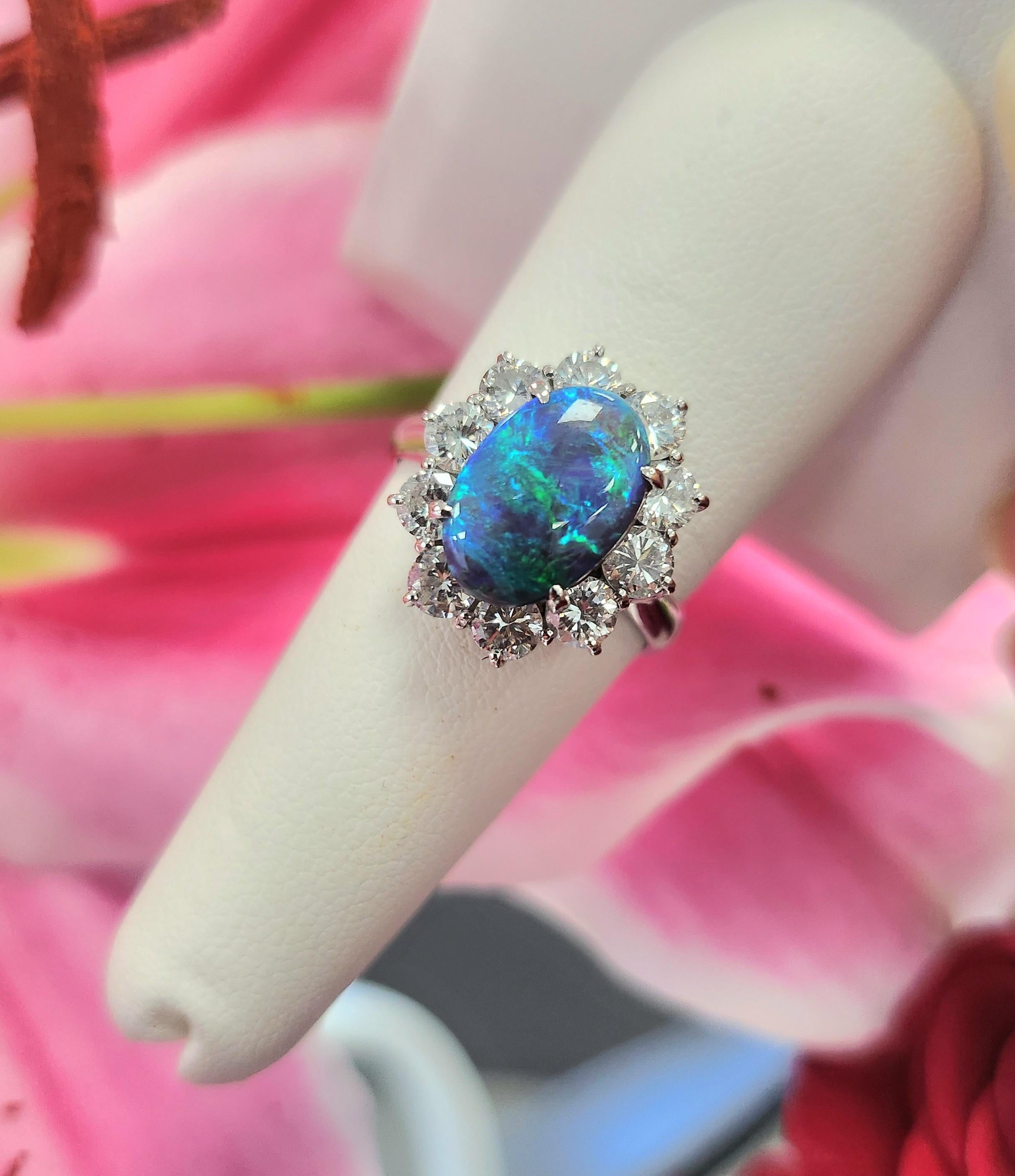 Artisan Platinum Australian Opal and Diamond Vintage Ring - Size 7, Elegant Fine Jewelry
