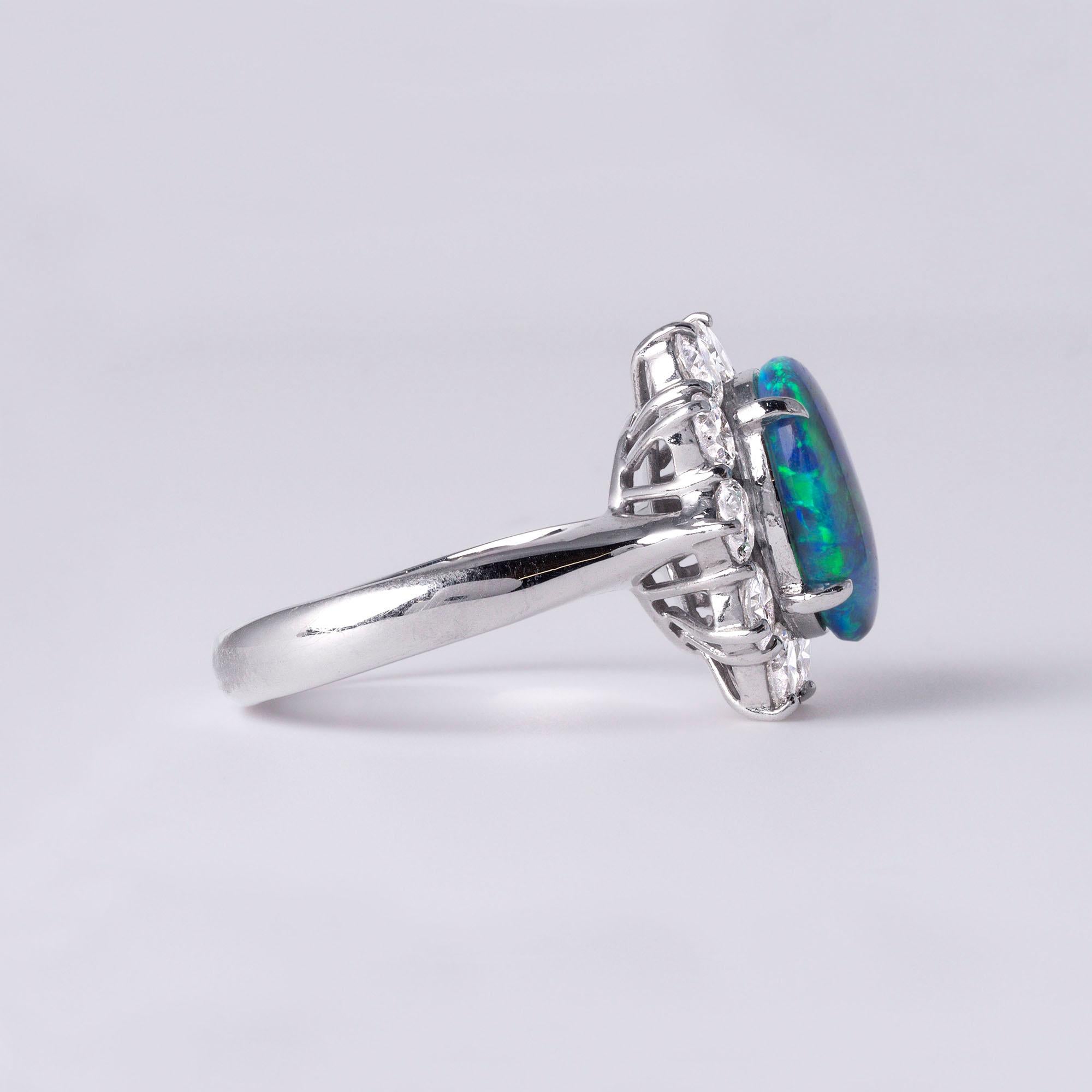 Platinum Australian Opal and Diamond Vintage Ring - Size 7, Elegant Fine Jewelry In Excellent Condition In Los Angeles, CA