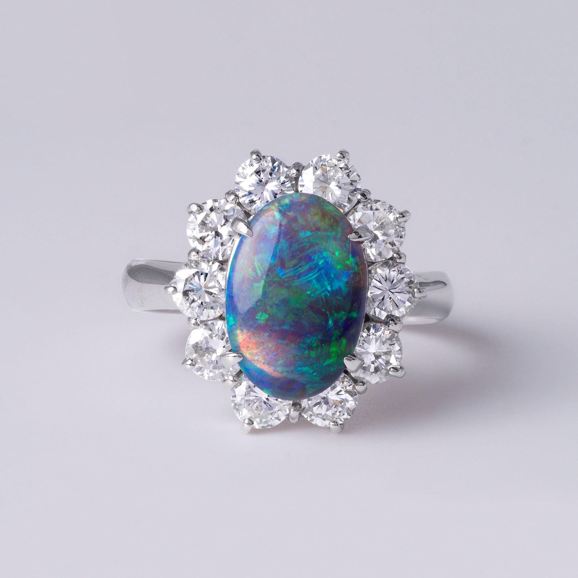 Platinum Australian Opal and Diamond Vintage Ring - Size 7, Elegant Fine Jewelry 1