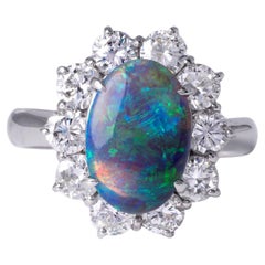Platinum Australian Opal and Diamond Vintage Ring - Size 7, Elegant Fine Jewelry