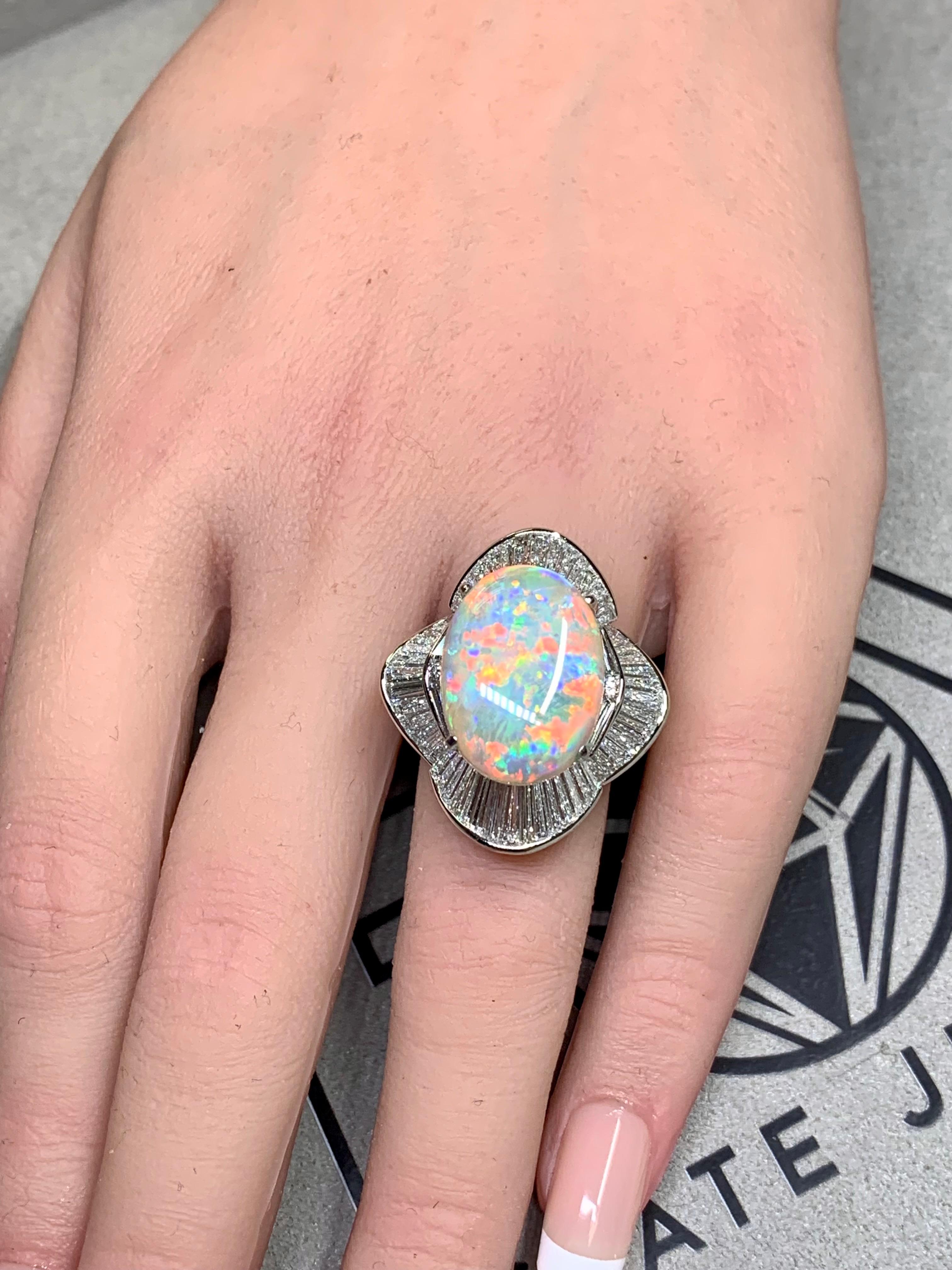 Platinum Australian Opal Baguette Diamond Large Ballerina Cocktail Ring 13.06ct For Sale 4
