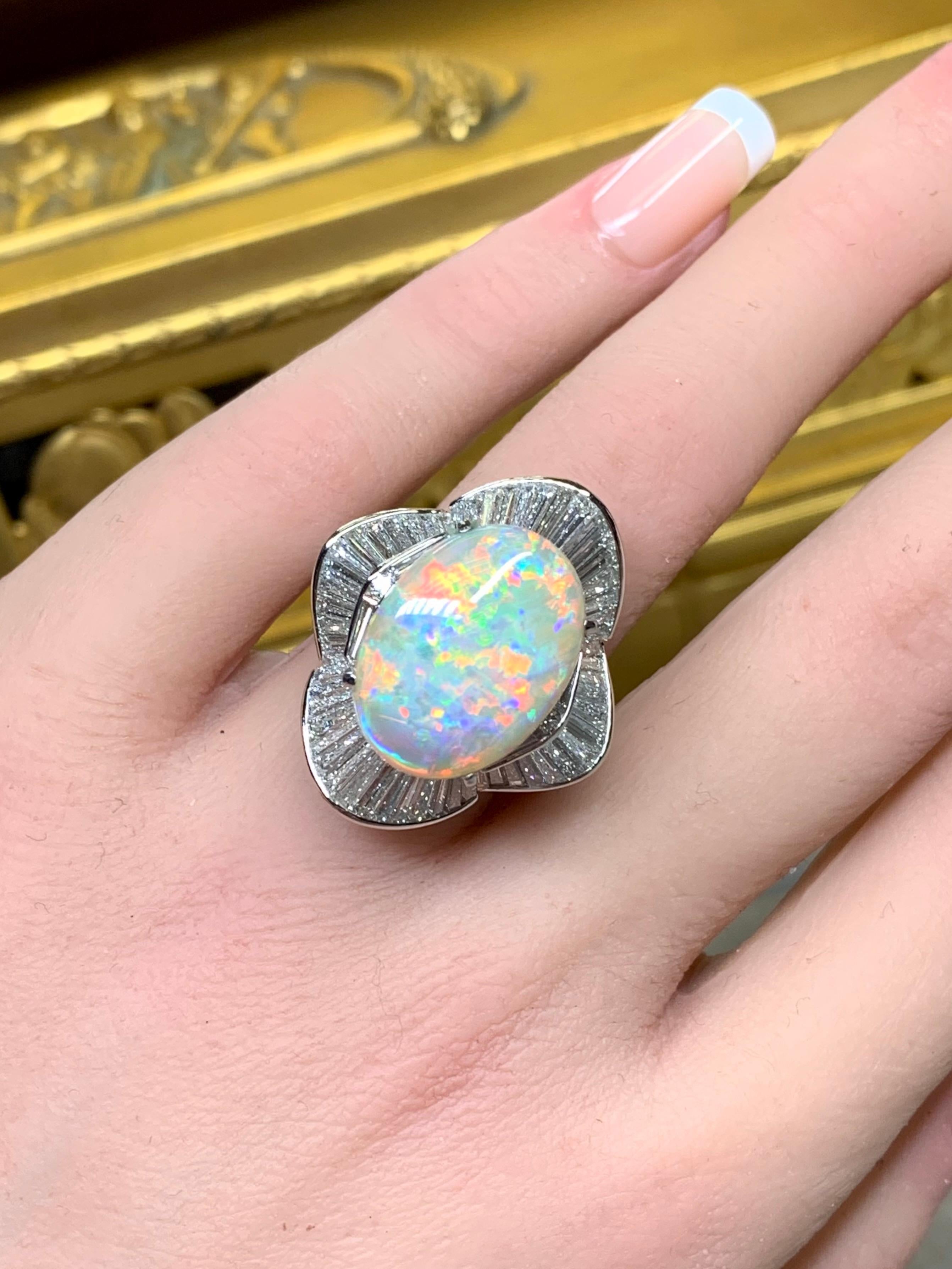 Platinum Australian Opal Baguette Diamond Large Ballerina Cocktail Ring 13.06ct For Sale 5
