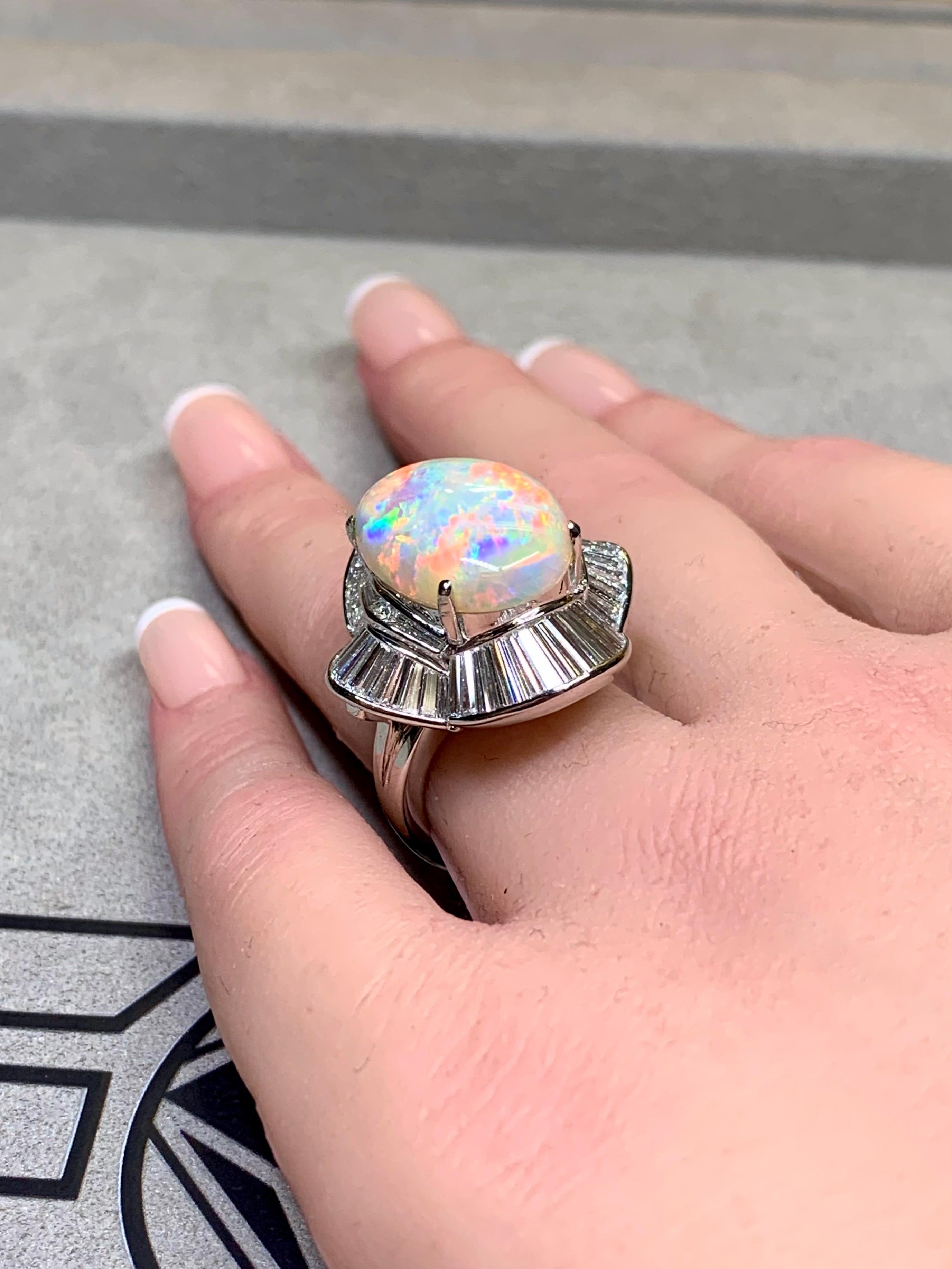Platinum Australian Opal Baguette Diamond Large Ballerina Cocktail Ring 13.06ct For Sale 6