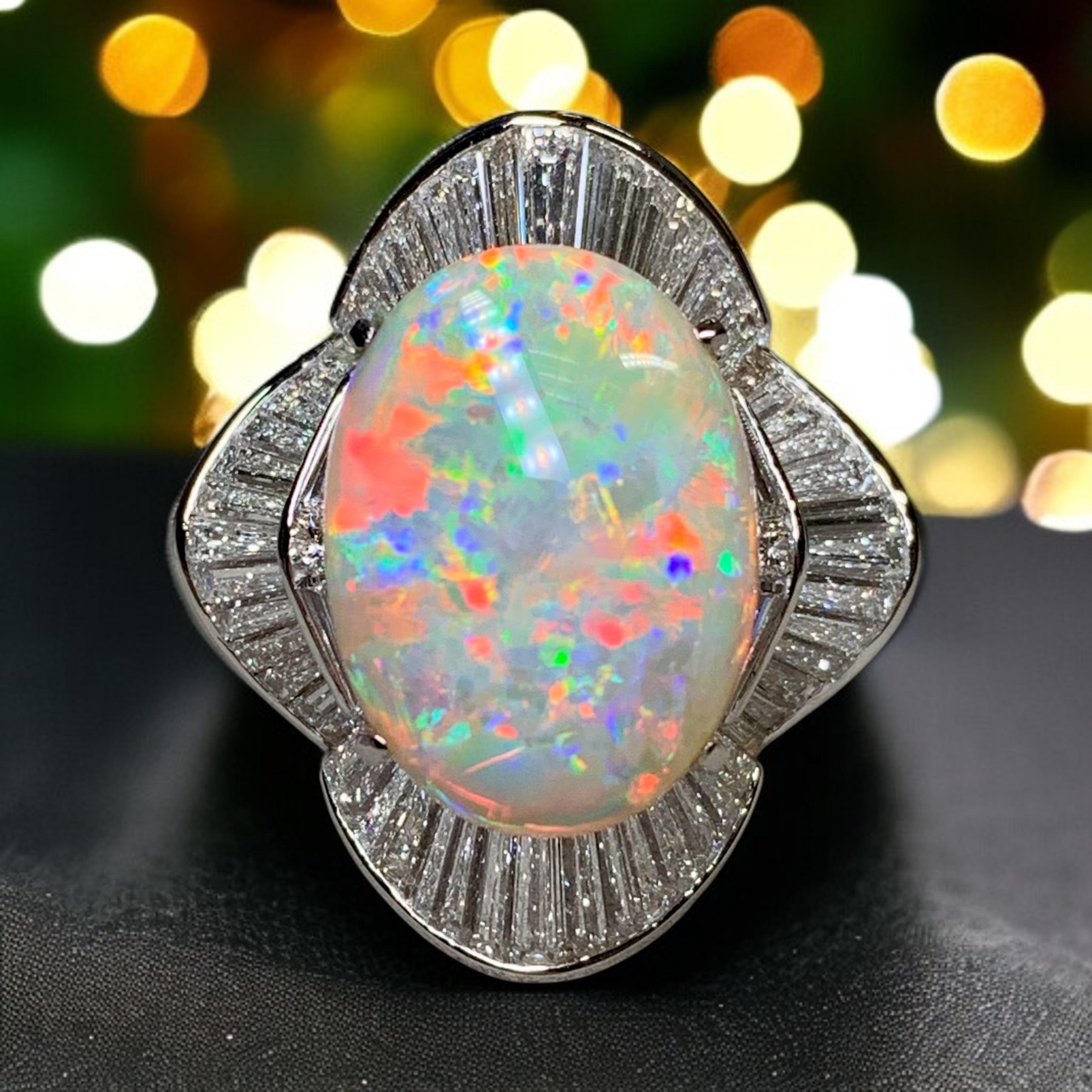 Platinum Australian Opal Baguette Diamond Large Ballerina Cocktail Ring 13.06ct For Sale 7