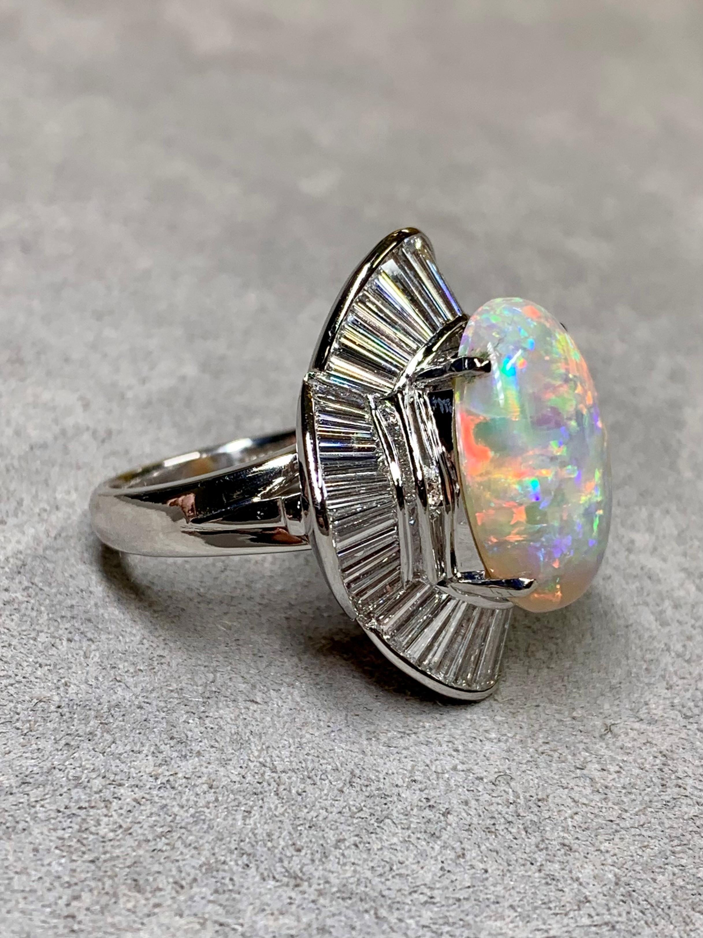 Retro Platinum Australian Opal Baguette Diamond Large Ballerina Cocktail Ring 13.06ct For Sale