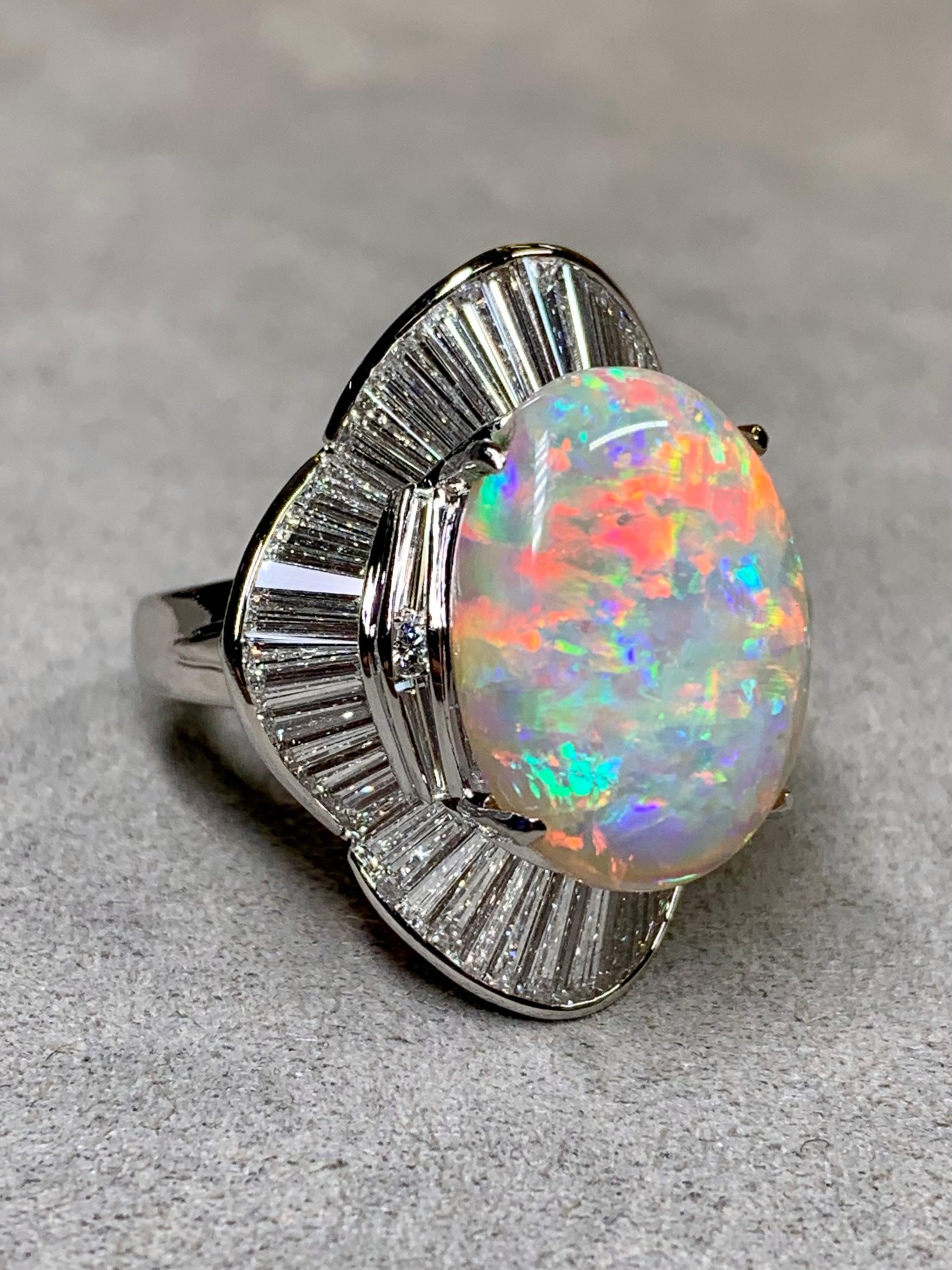 Baguette Cut Platinum Australian Opal Baguette Diamond Large Ballerina Cocktail Ring 13.06ct For Sale