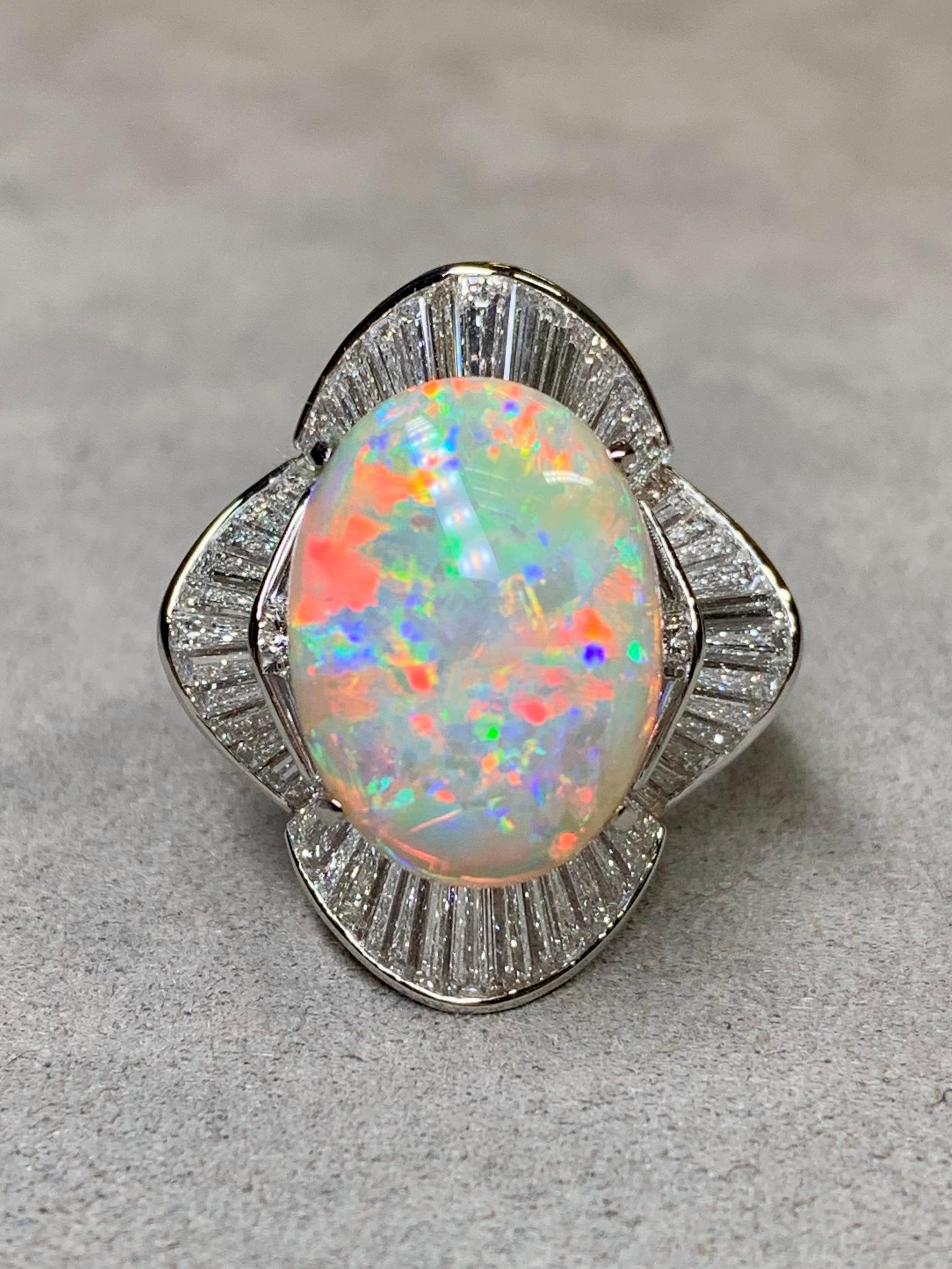 Platinum Australian Opal Baguette Diamond Large Ballerina Cocktail Ring 13.06ct In Excellent Condition For Sale In Winter Springs, FL