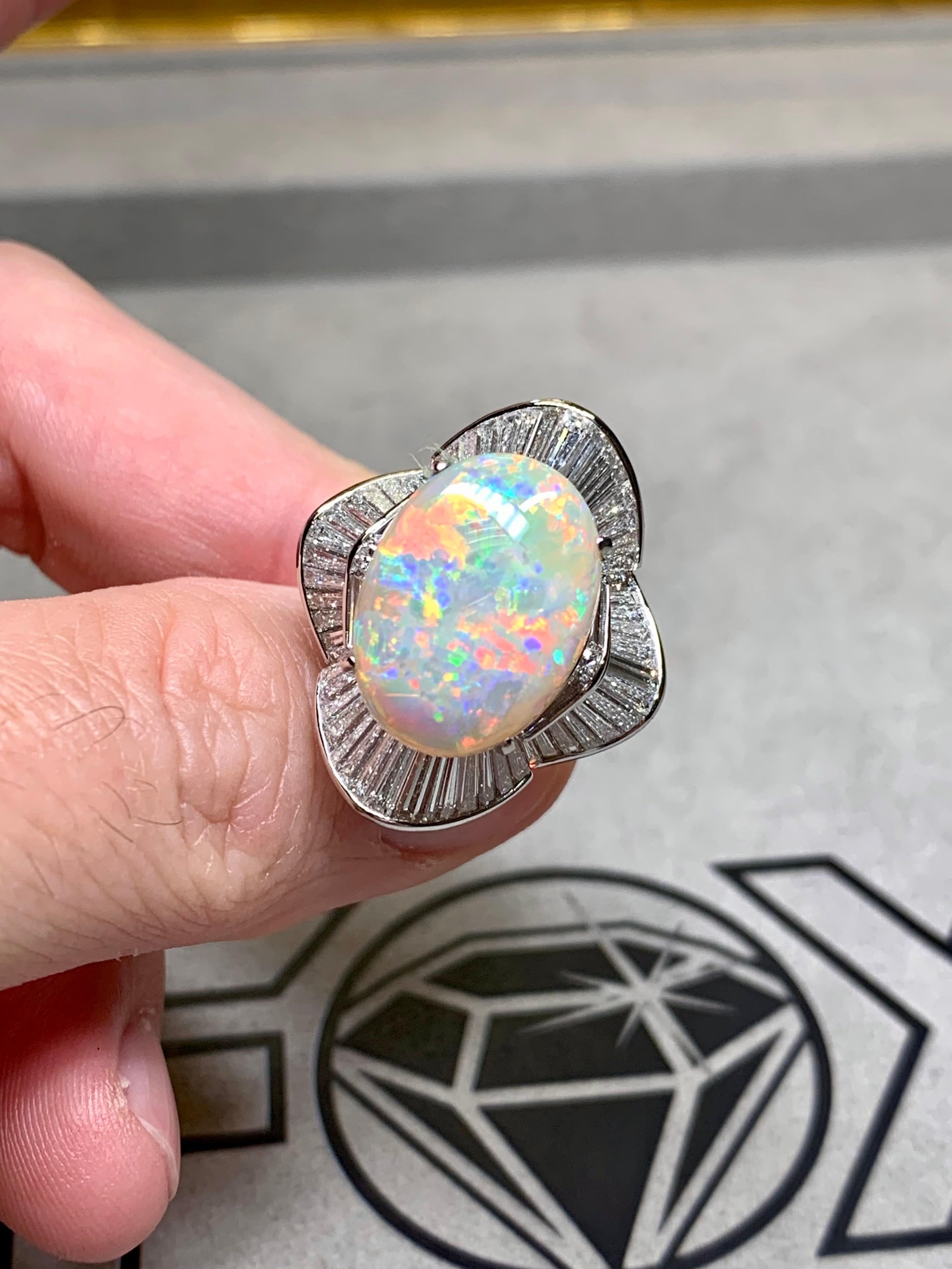 Women's or Men's Platinum Australian Opal Baguette Diamond Large Ballerina Cocktail Ring 13.06ct For Sale