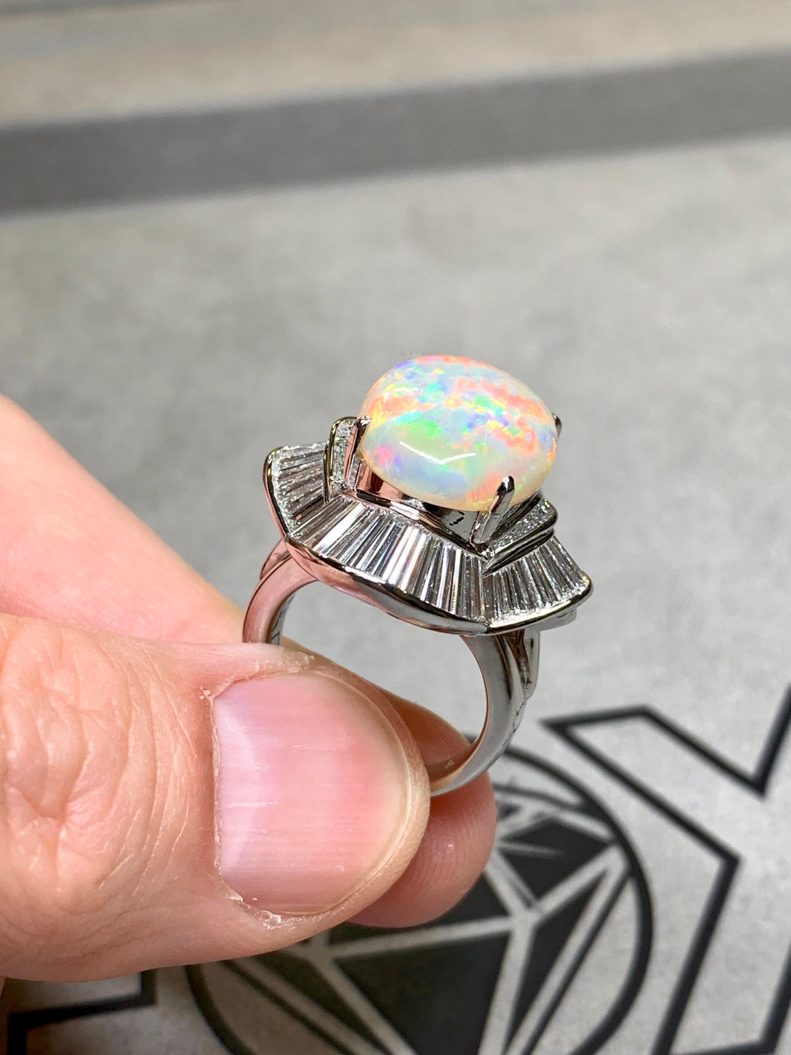 Platinum Australian Opal Baguette Diamond Large Ballerina Cocktail Ring 13.06ct For Sale 1