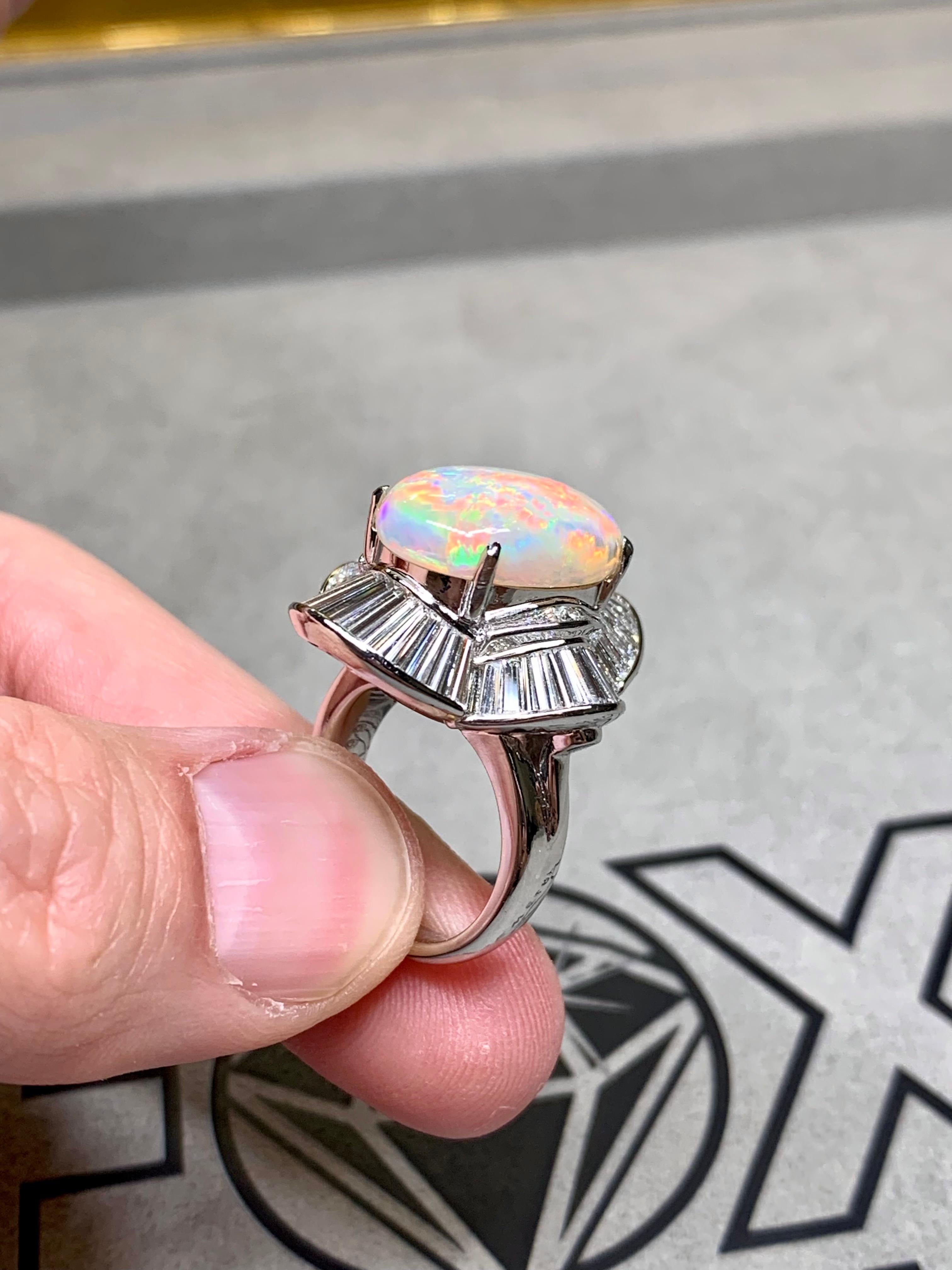 Platinum Australian Opal Baguette Diamond Large Ballerina Cocktail Ring 13.06ct For Sale 2