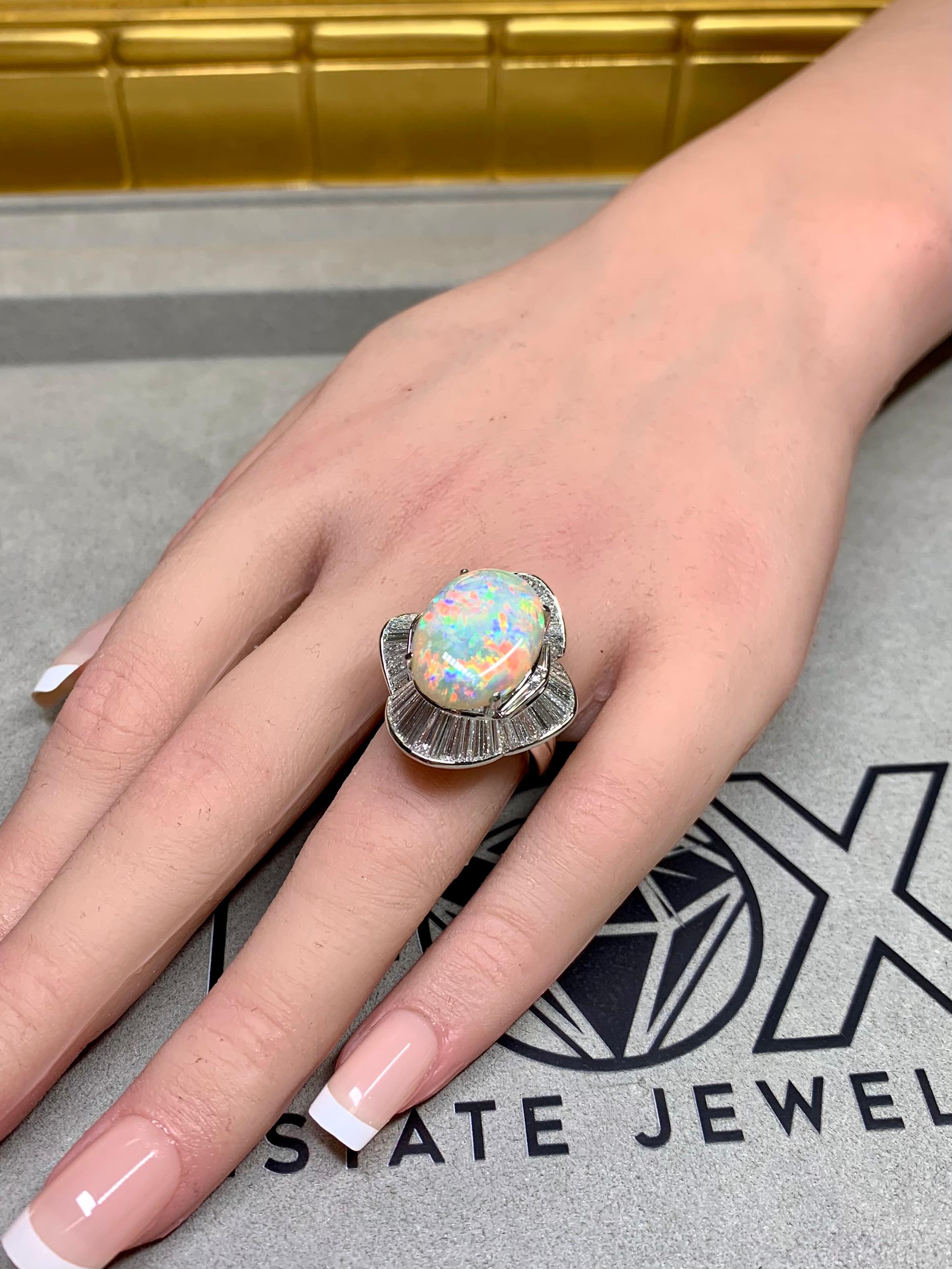Platinum Australian Opal Baguette Diamond Large Ballerina Cocktail Ring 13.06ct For Sale 3