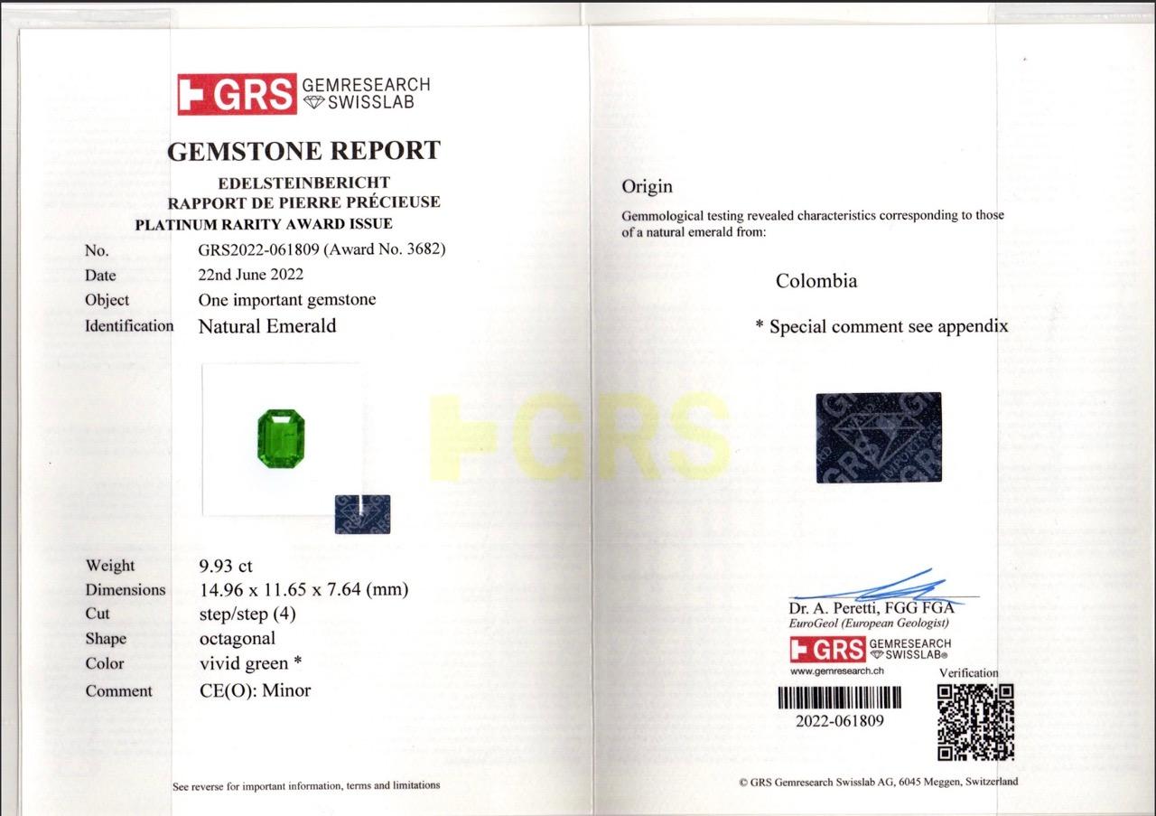 Women's or Men's Platinum Awarded, 9.93 Carats Colombian Octagon Cut, Grs Certified Muzo For Sale