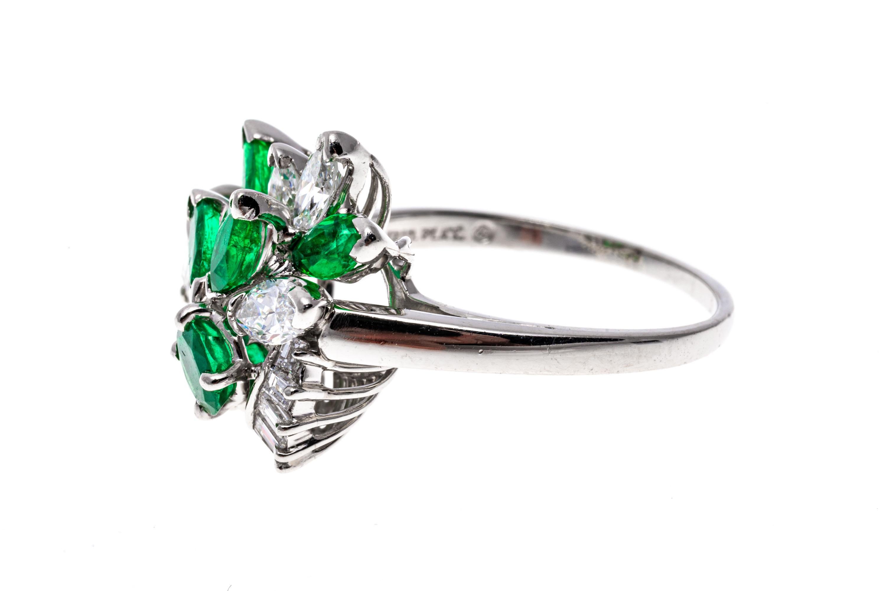 Retro Platinum, Baguette and Marquise Diamond And Emerald Cluster Ring For Sale