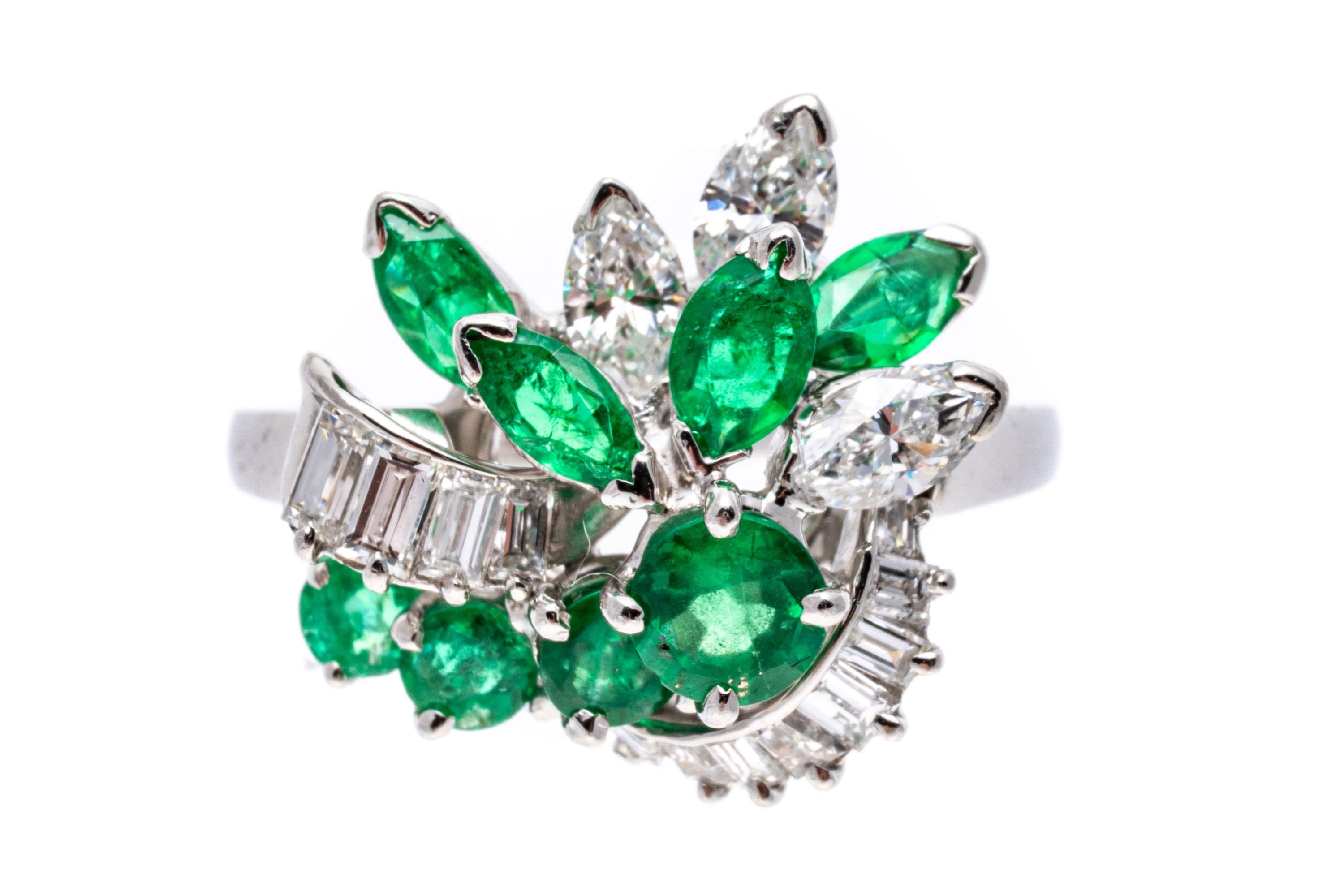 Marquise Cut Platinum, Baguette and Marquise Diamond And Emerald Cluster Ring For Sale