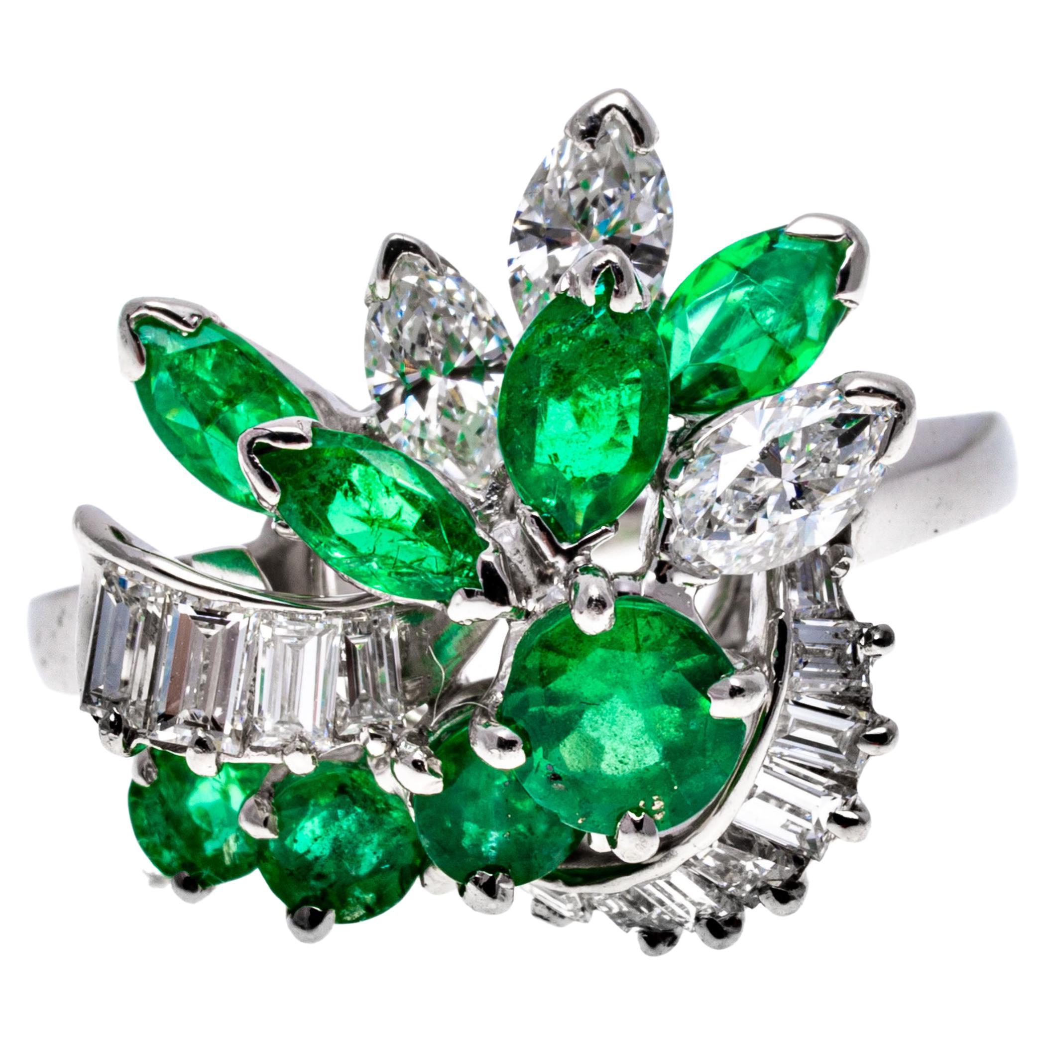 Platinum, Baguette and Marquise Diamond And Emerald Cluster Ring