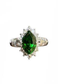 Platinum Baguette and Round Diamond Marquise Tsavorite Garnet Engagement Ring