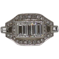Platinum Baguette Cut Diamond Art Deco Style Cluster Ring