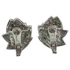 Platinum Baguette Cut Diamond Leaf Earrings