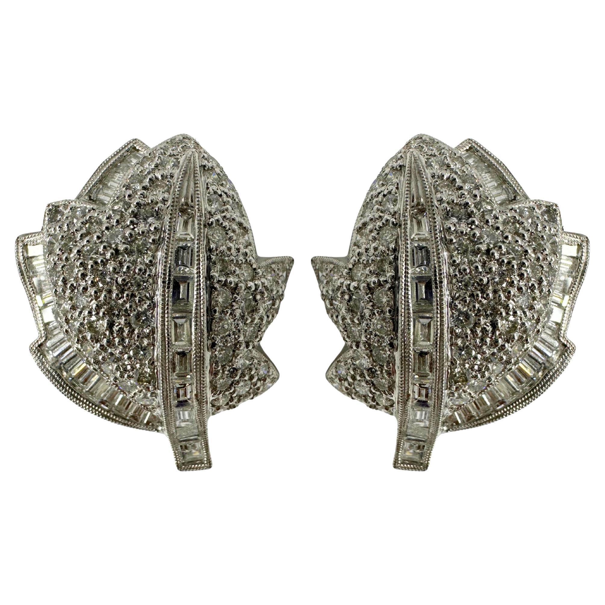 Platinum Baguette Cut Diamond Leaf Earrings