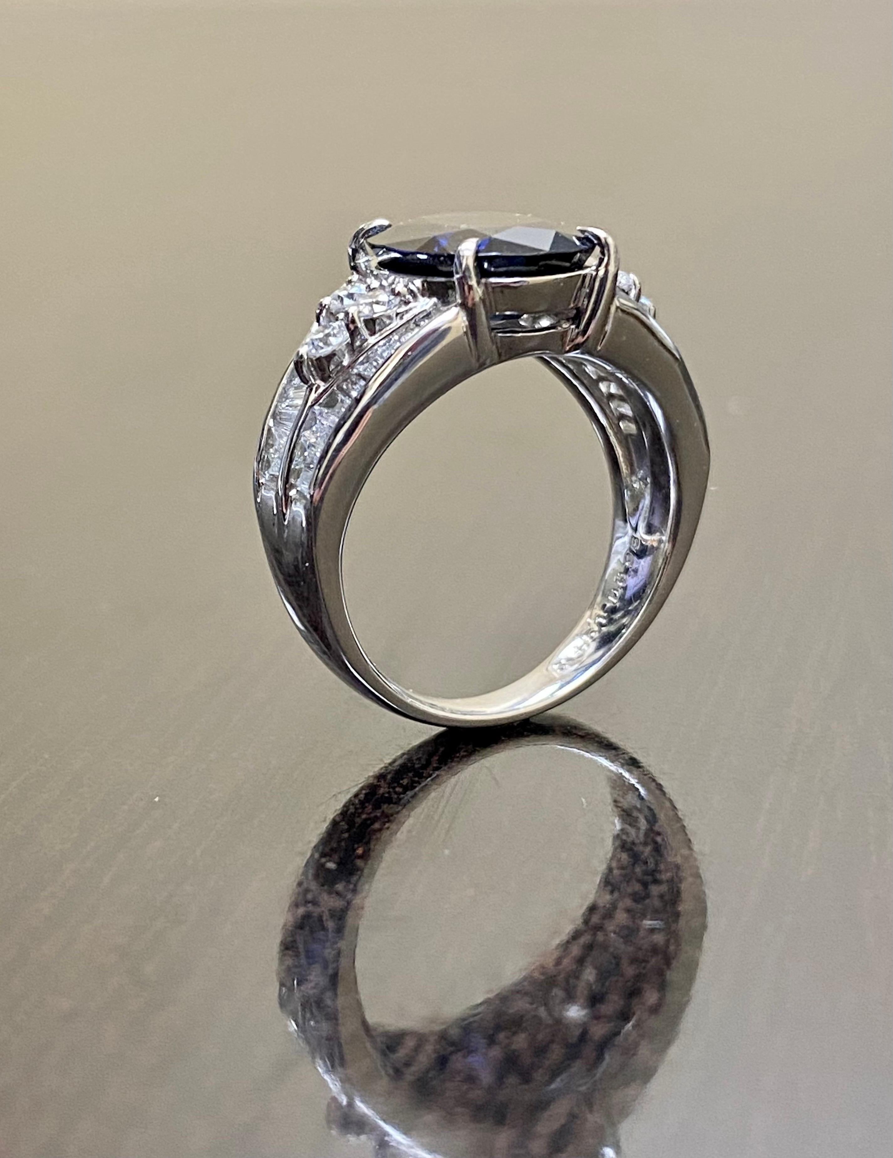 Platinum Baguette Diamond 4.51 Carat Oval Blue Sapphire Engagement Ring  For Sale 4