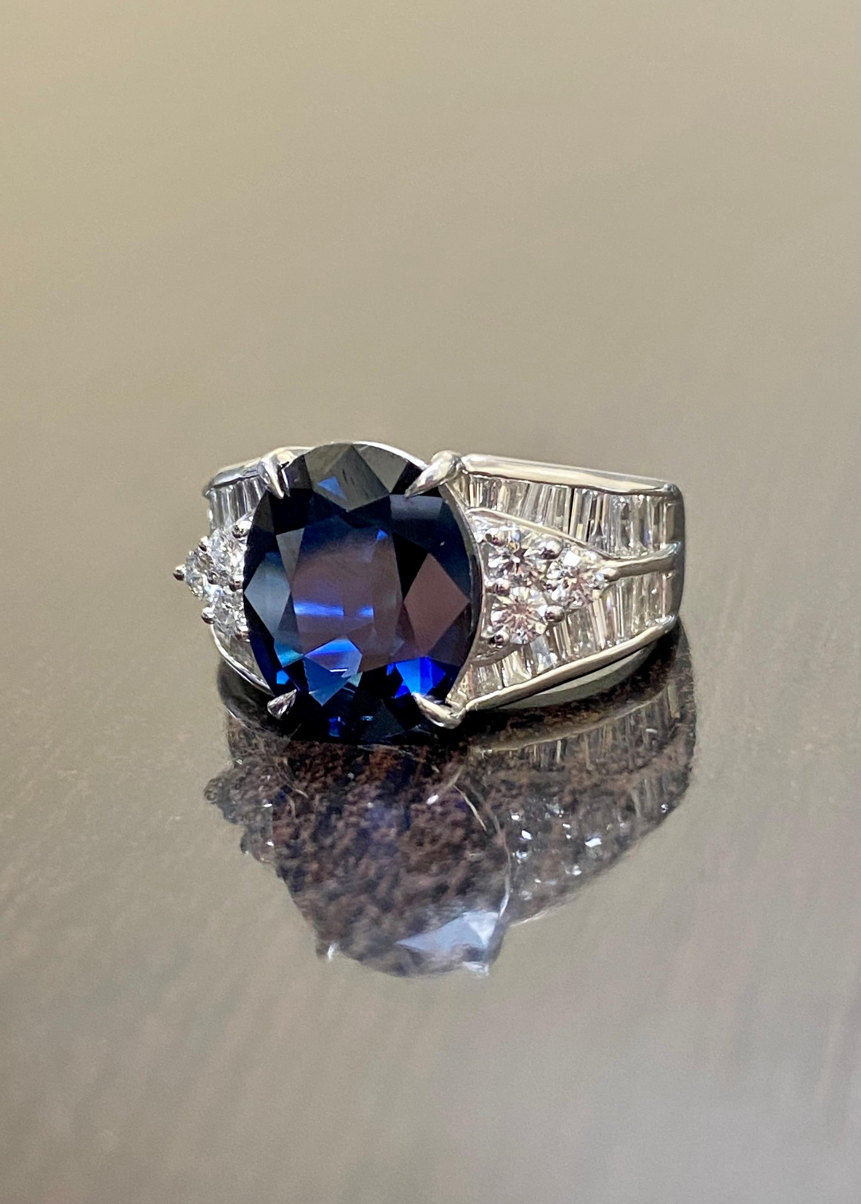 DeKara Design Collection 

Metal- 90% Platinum, 10% Iridium. 

Stones- Genuine Oval Blue Sapphire 4.51 Carats, 36 Baguette Diamonds F-G Color VS2-SI1 Clarity, 6 Round Diamonds F-G Color VS2-SI1 Clarity 0.93 Total Diamond Carat Weight.  

Size- 6