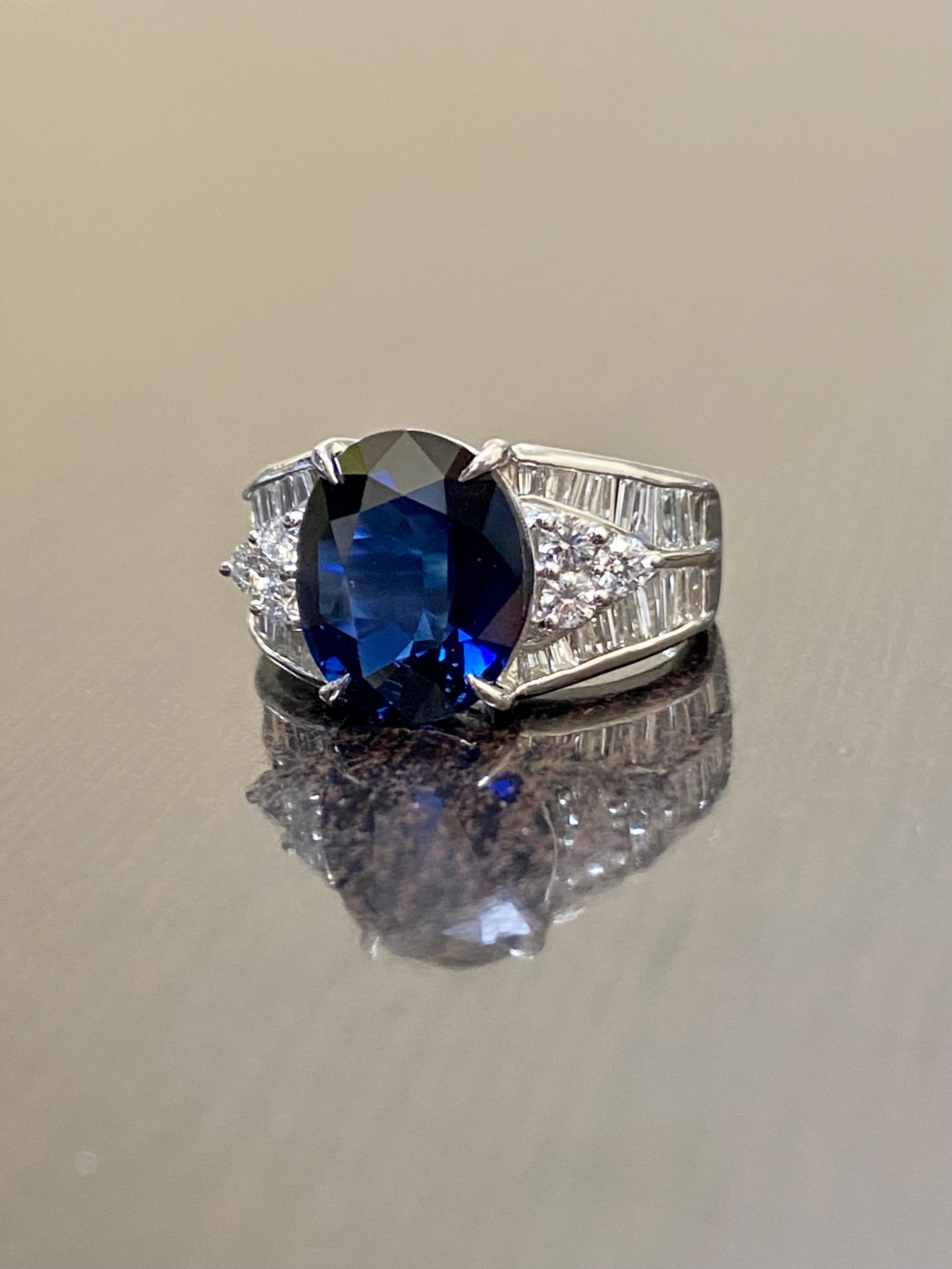 Oval Cut Platinum Baguette Diamond 4.51 Carat Oval Blue Sapphire Engagement Ring  For Sale