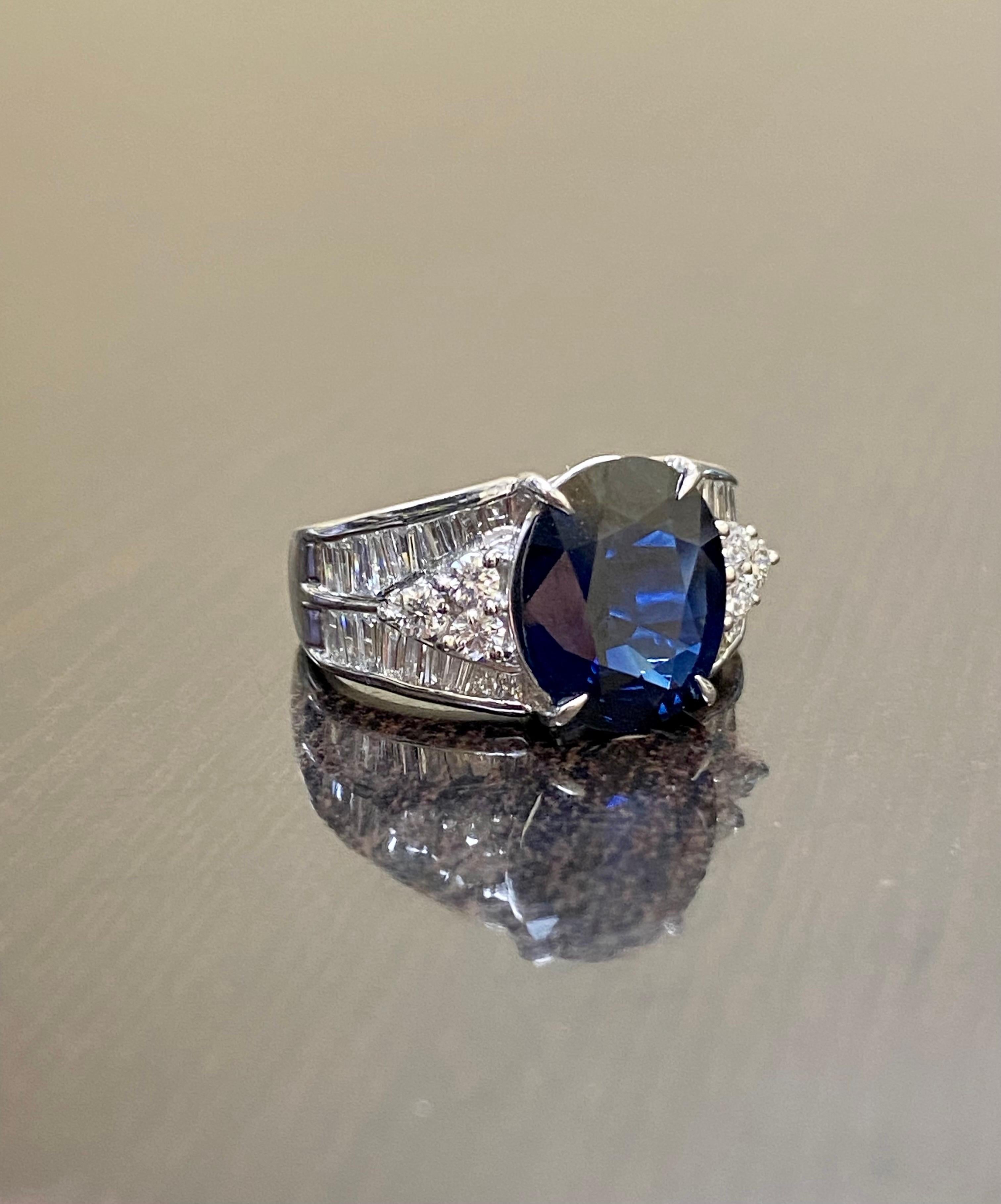 Platinum Baguette Diamond 4.51 Carat Oval Blue Sapphire Engagement Ring  In New Condition For Sale In Los Angeles, CA