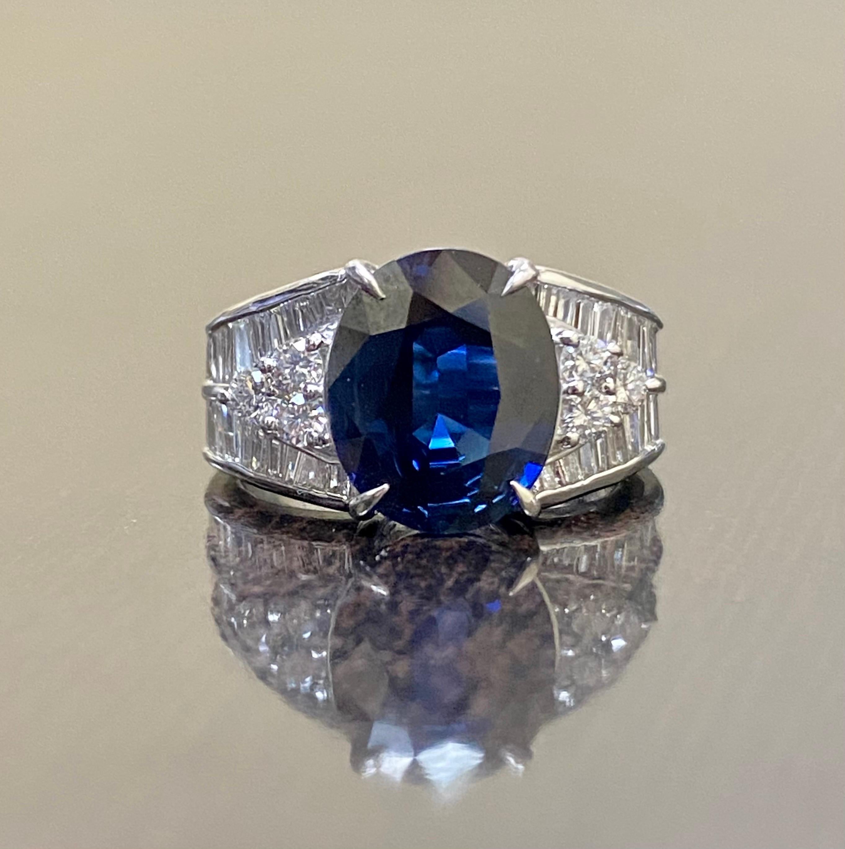 Women's or Men's Platinum Baguette Diamond 4.51 Carat Oval Blue Sapphire Engagement Ring  For Sale